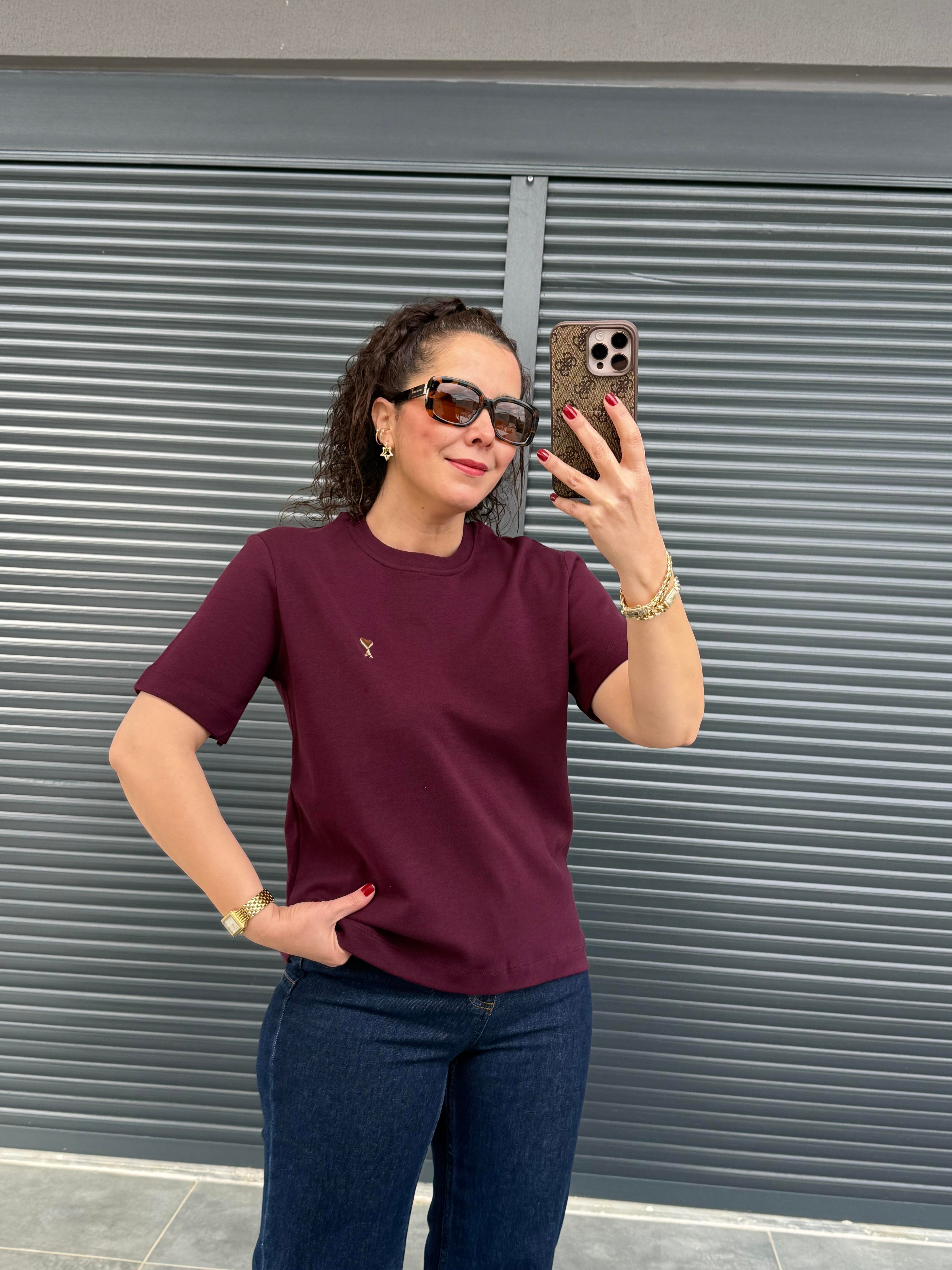 Gold Kalp Armalı Basıc T-shirt Mürdüm