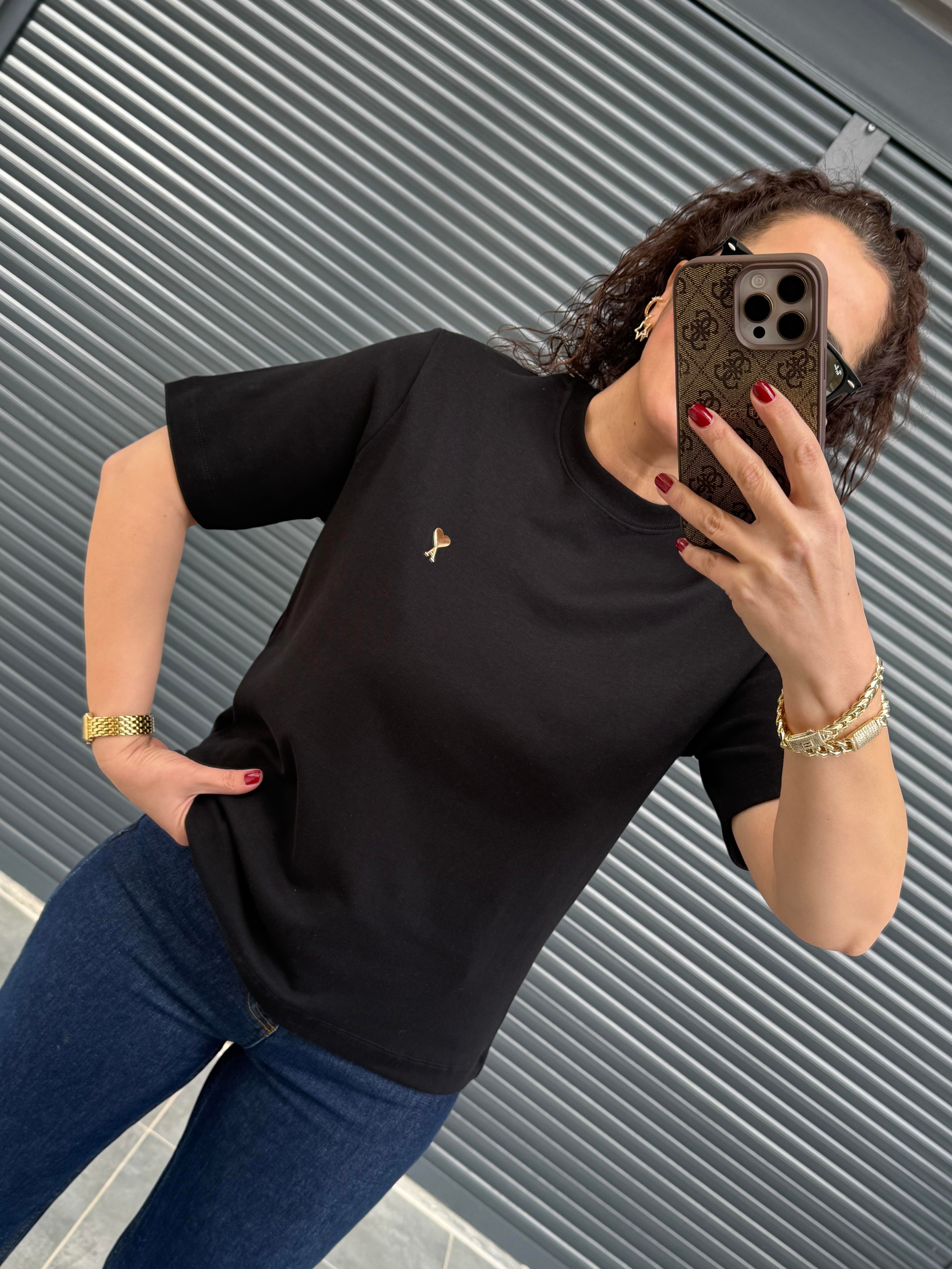 Gold Kalp Armalı Basıc T-shirt  Siyah
