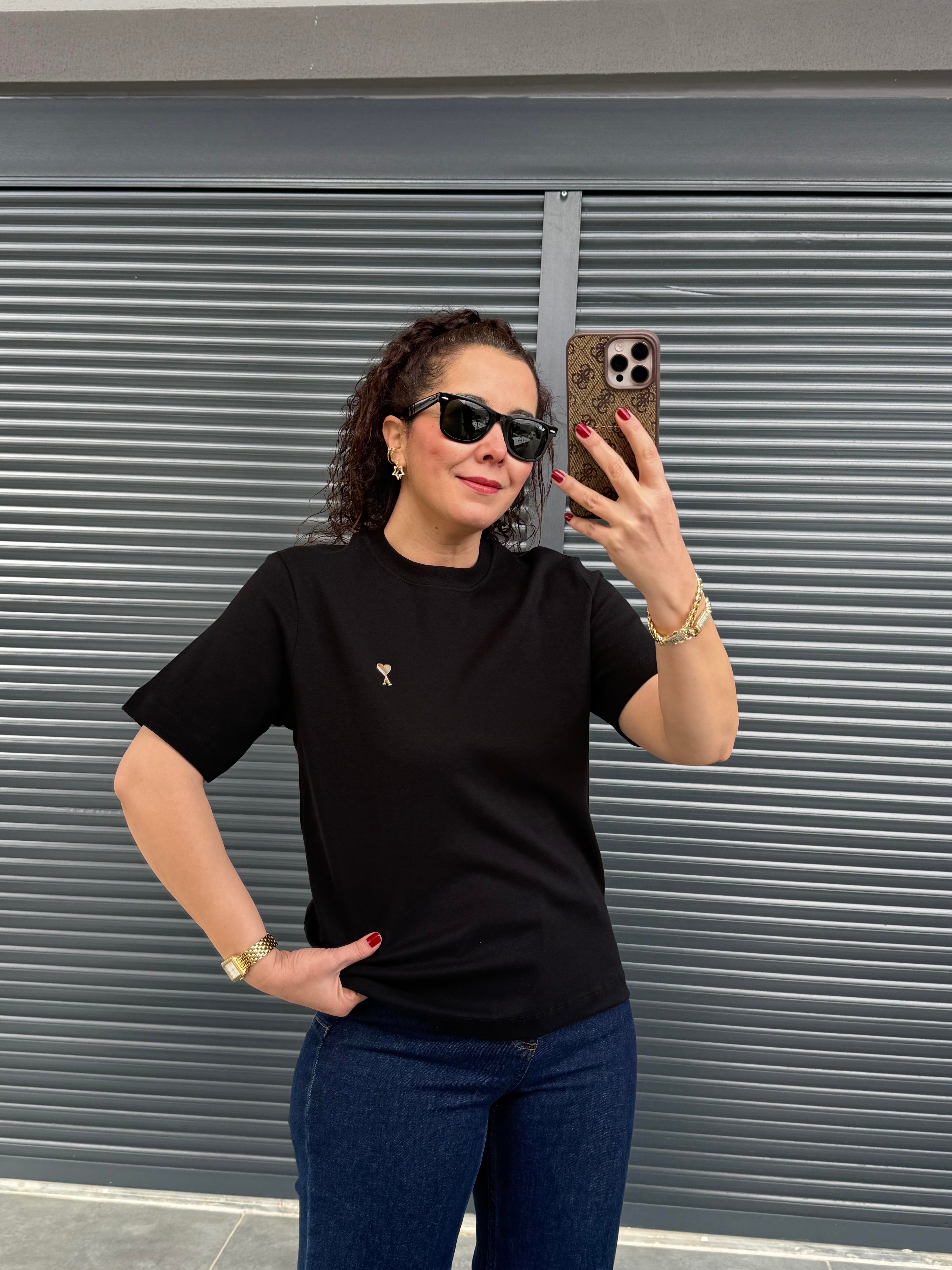 Gold Kalp Armalı Basıc T-shirt  Siyah