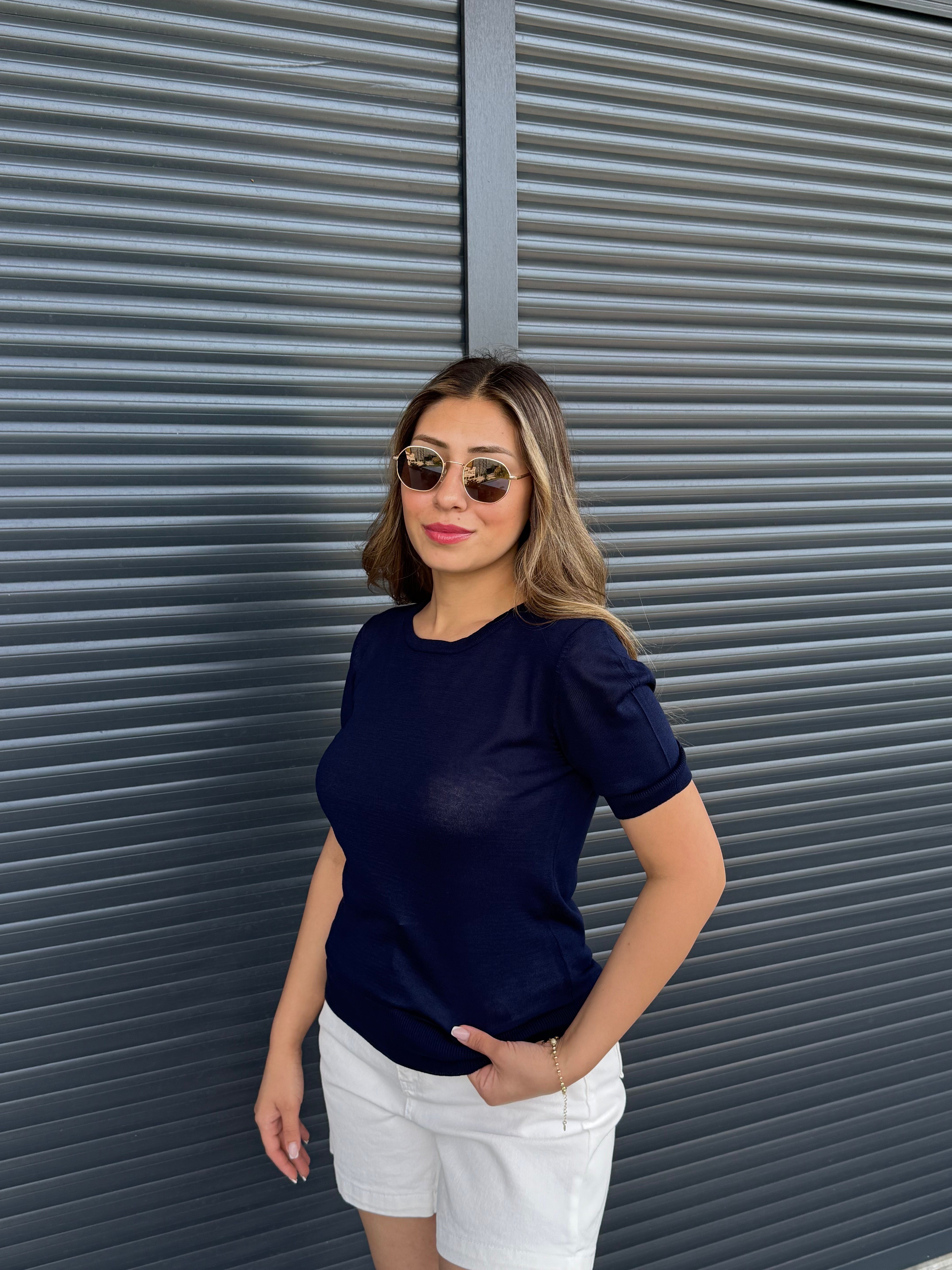 İnce Triko  Kısa Kollu Bluz Lacivert
