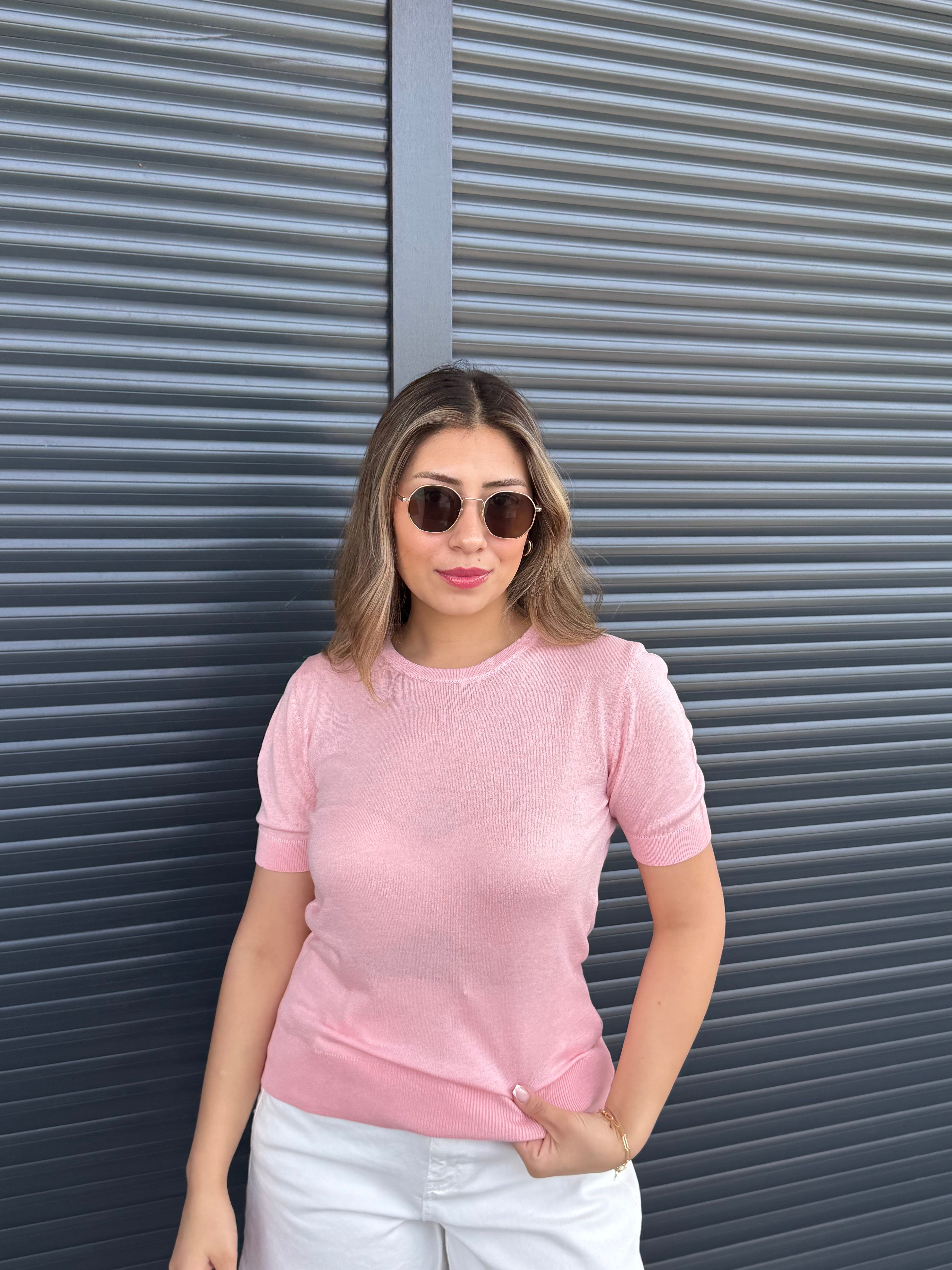 İnce Triko  Kısa Kollu Bluz Pembe