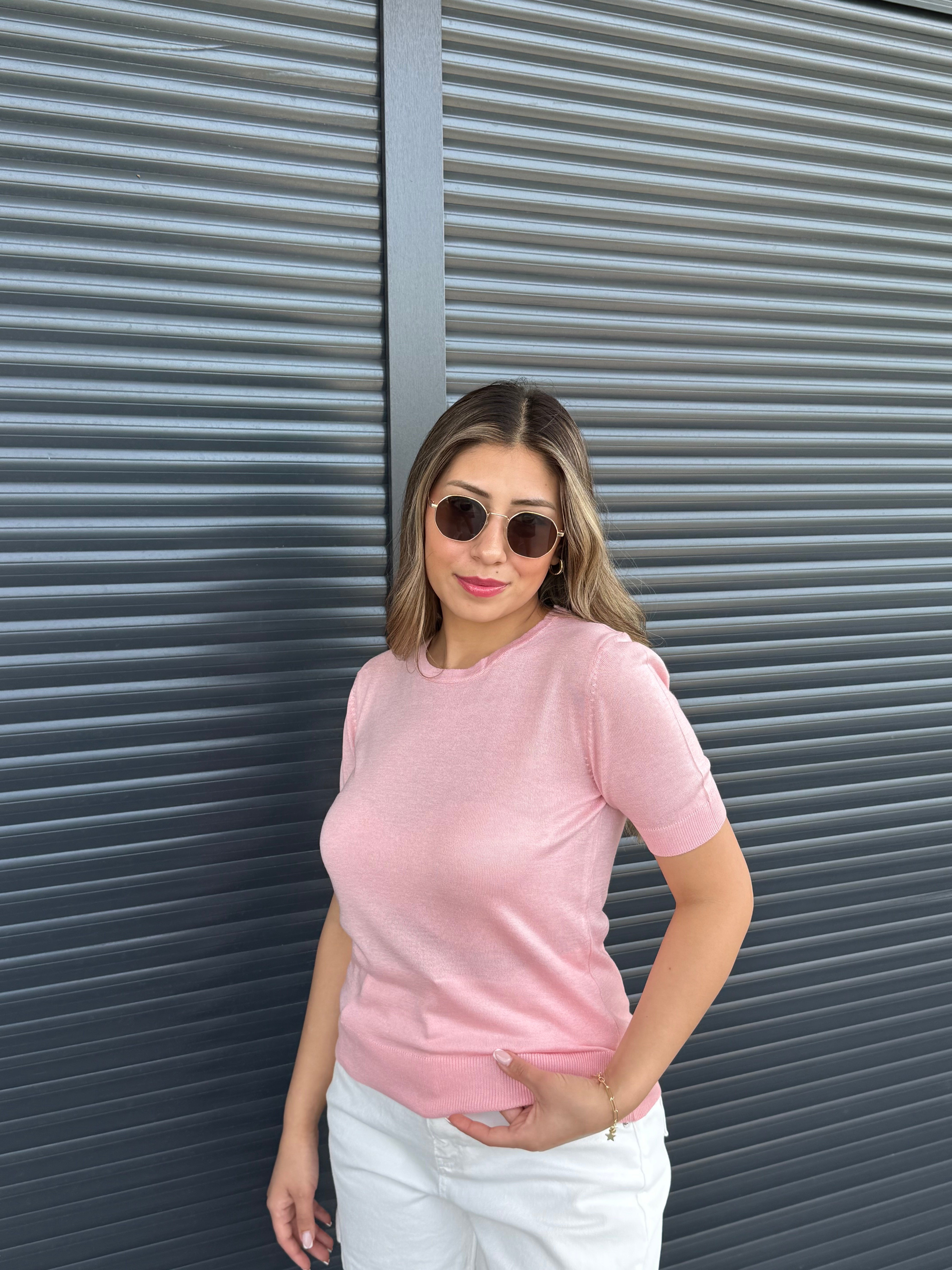 İnce Triko  Kısa Kollu Bluz Pembe