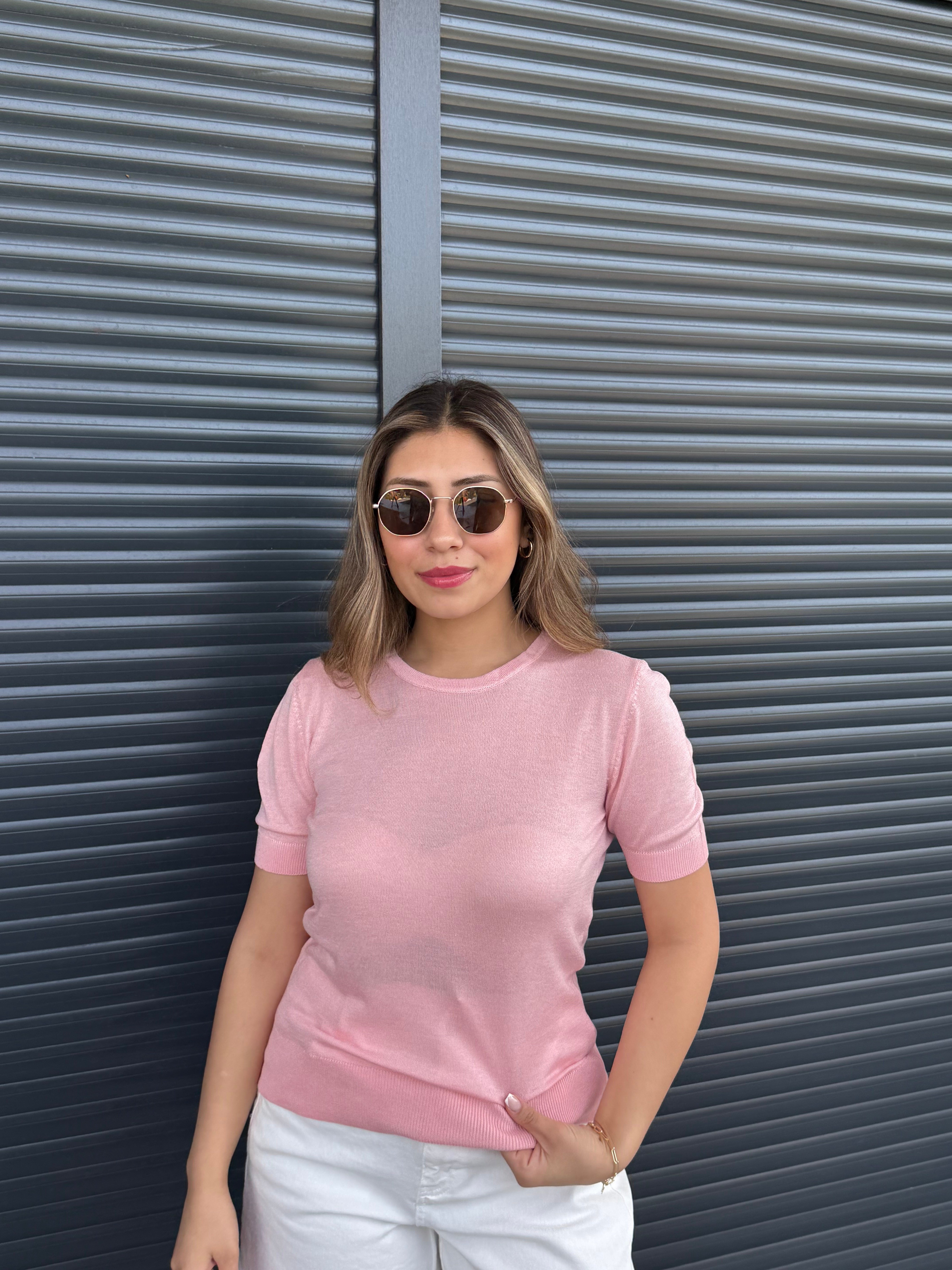 İnce Triko  Kısa Kollu Bluz Pembe