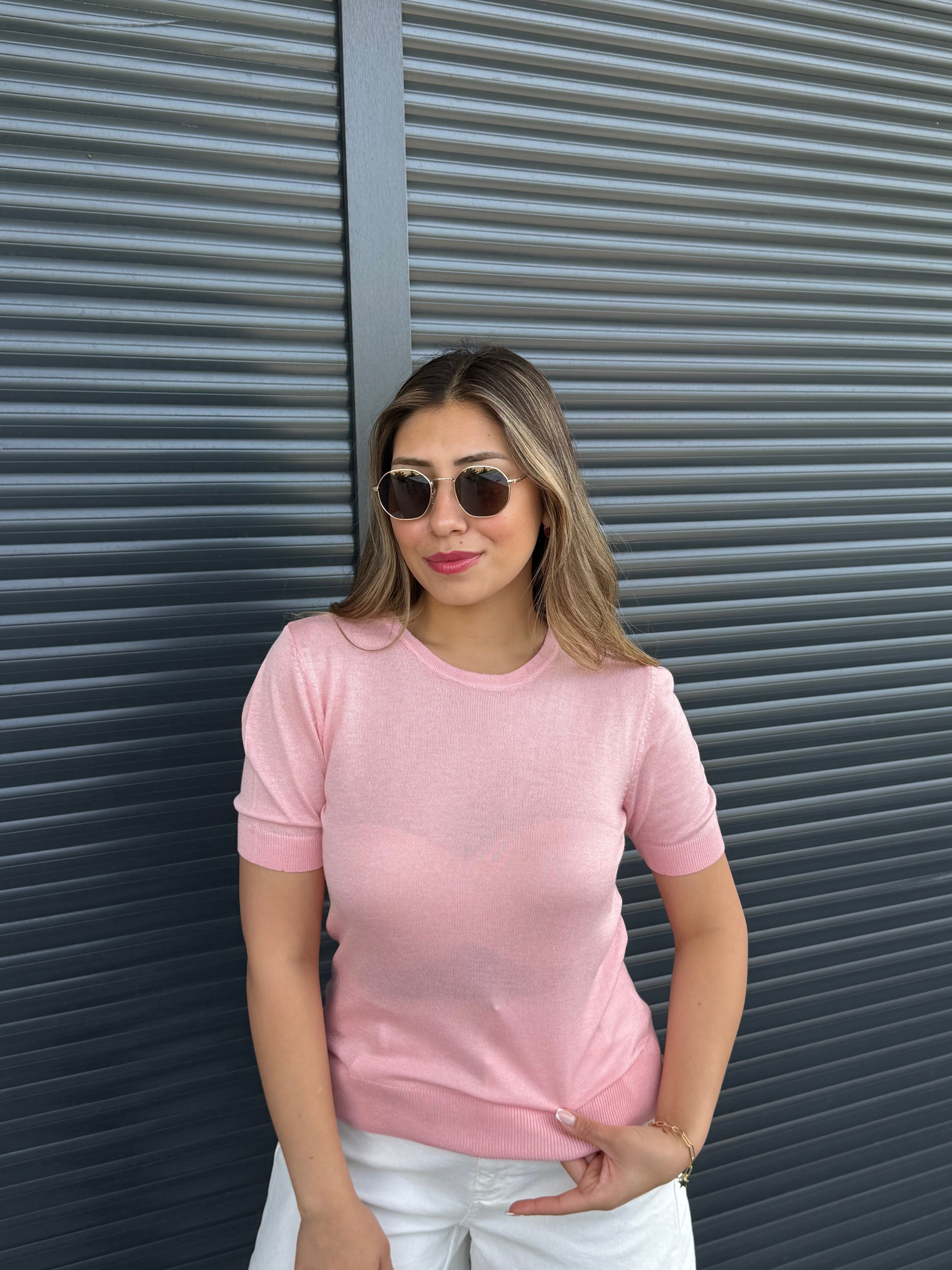 İnce Triko  Kısa Kollu Bluz Pembe