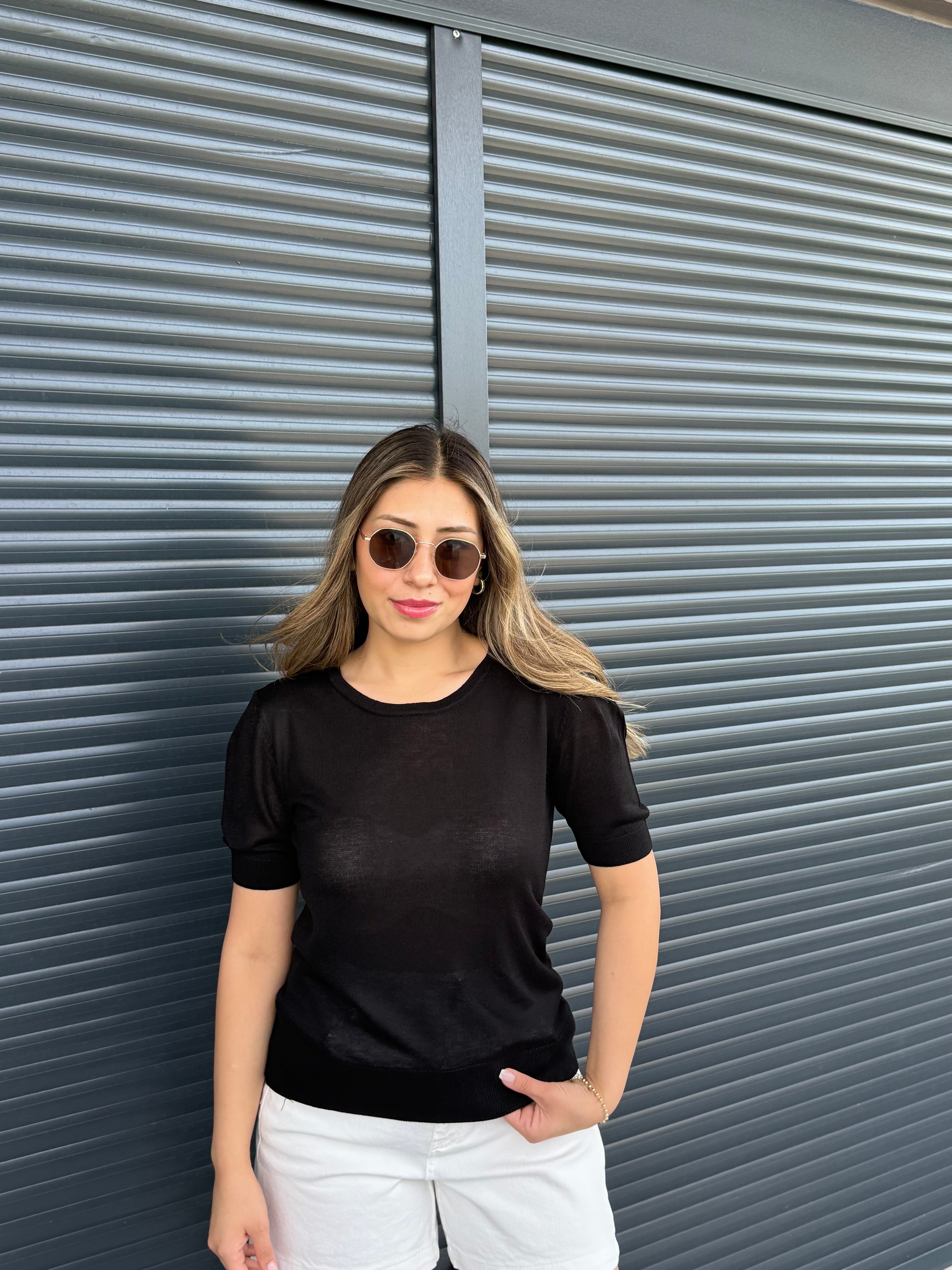 İnce Triko  Kısa Kollu Bluz Siyah