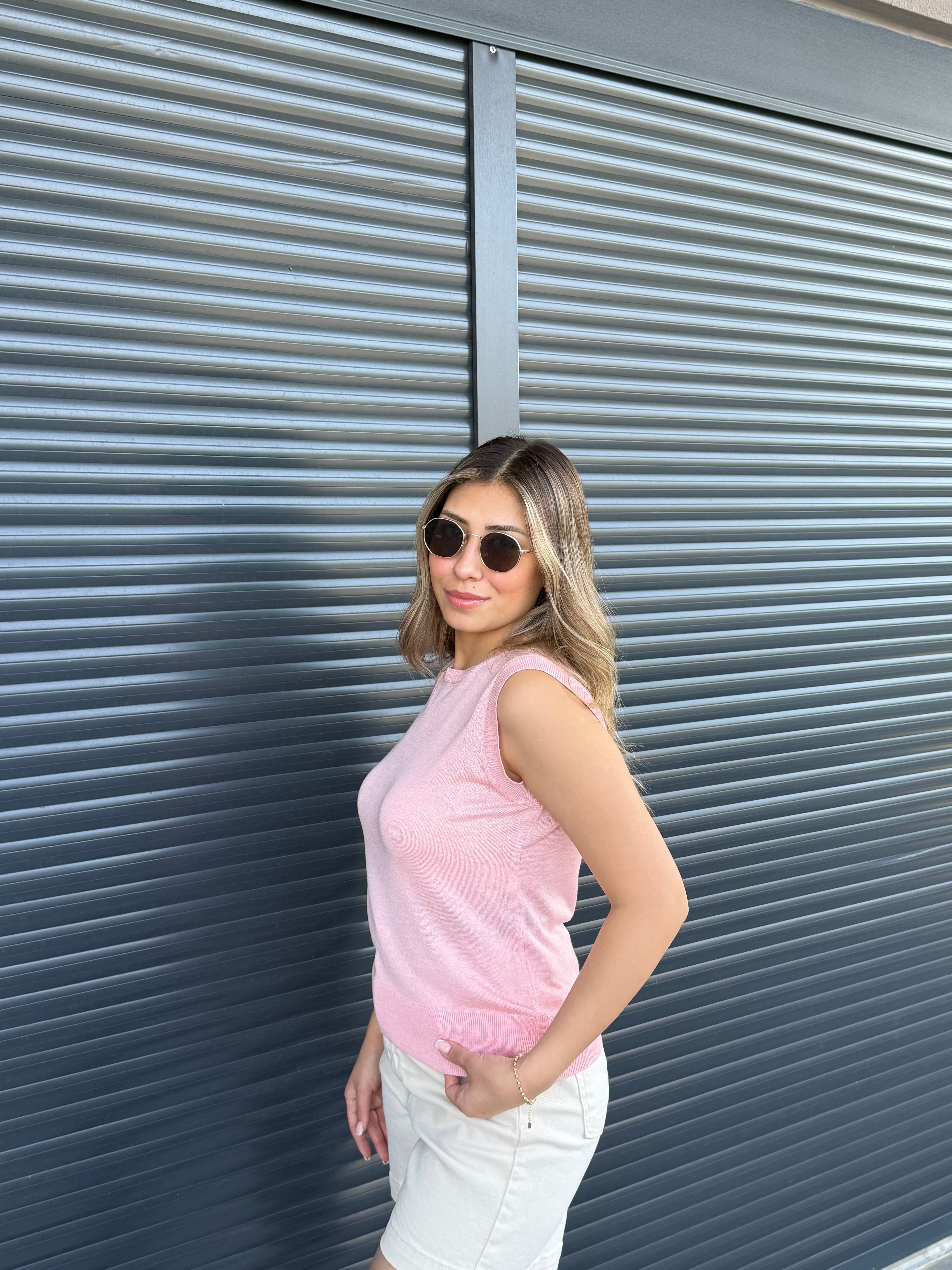 İnce Triko Kolsuz Bluz Pembe