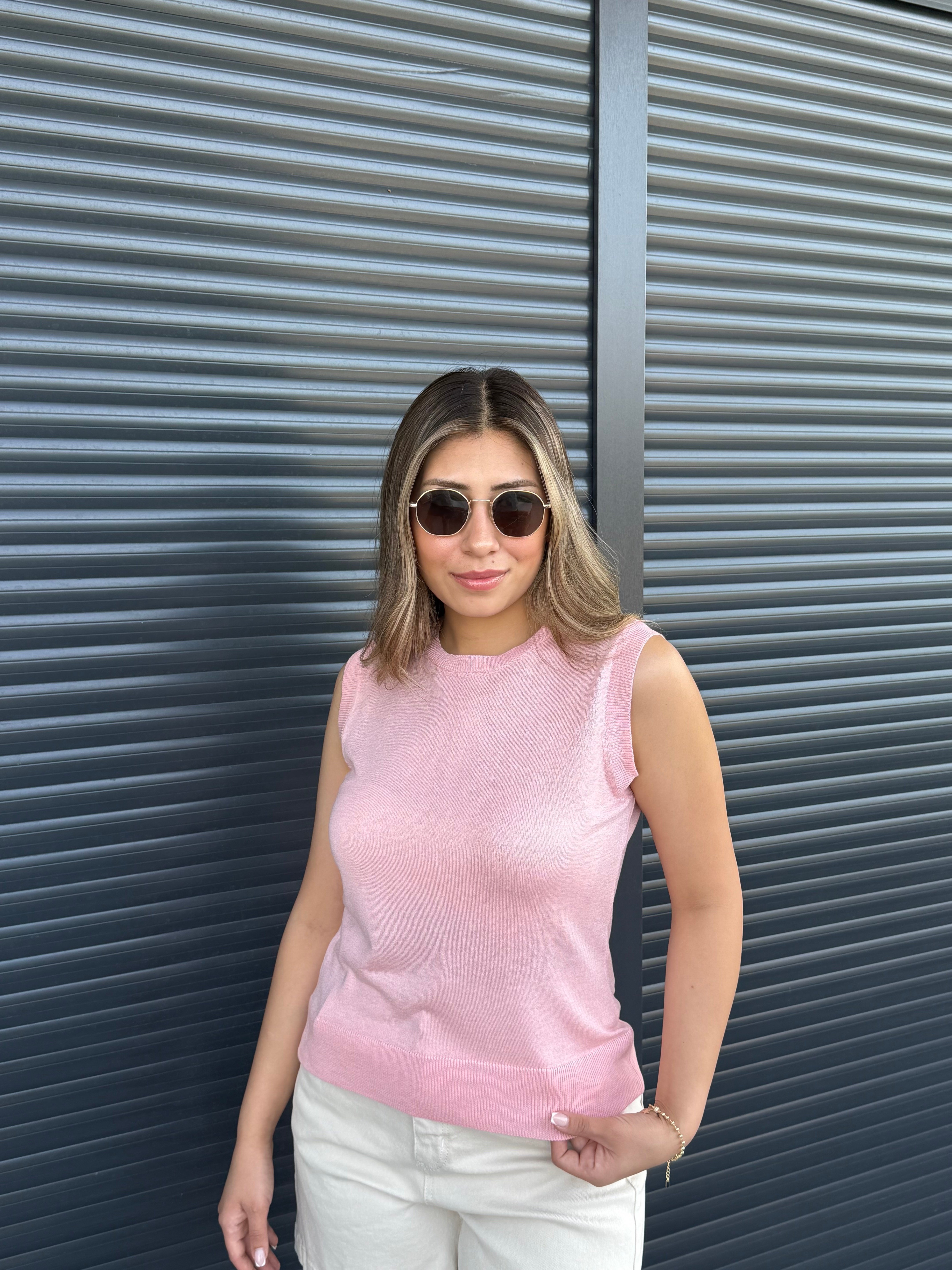 İnce Triko Kolsuz Bluz Pembe