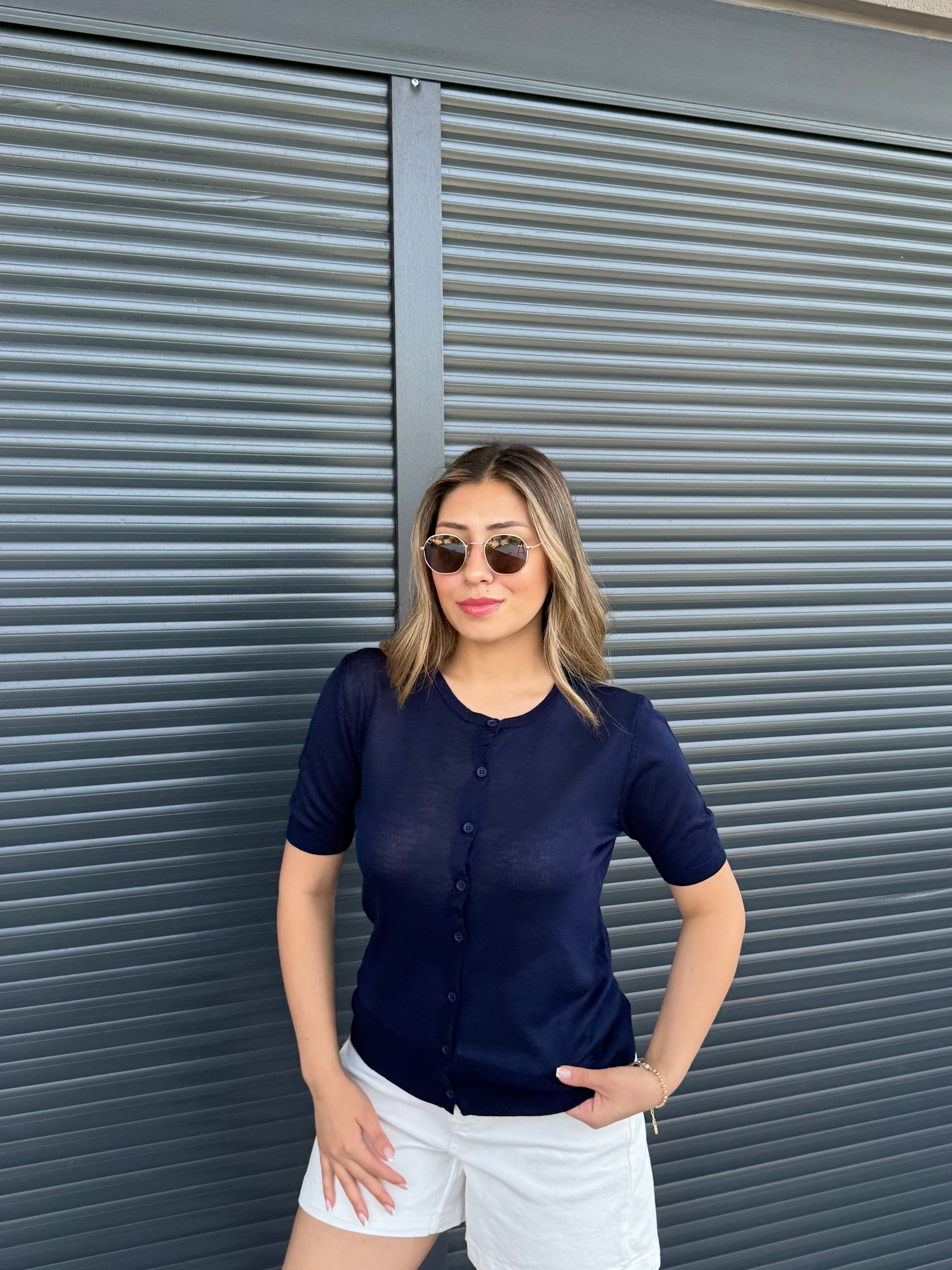 İnce Triko Önü Düğmeli Bluz Lacivert
