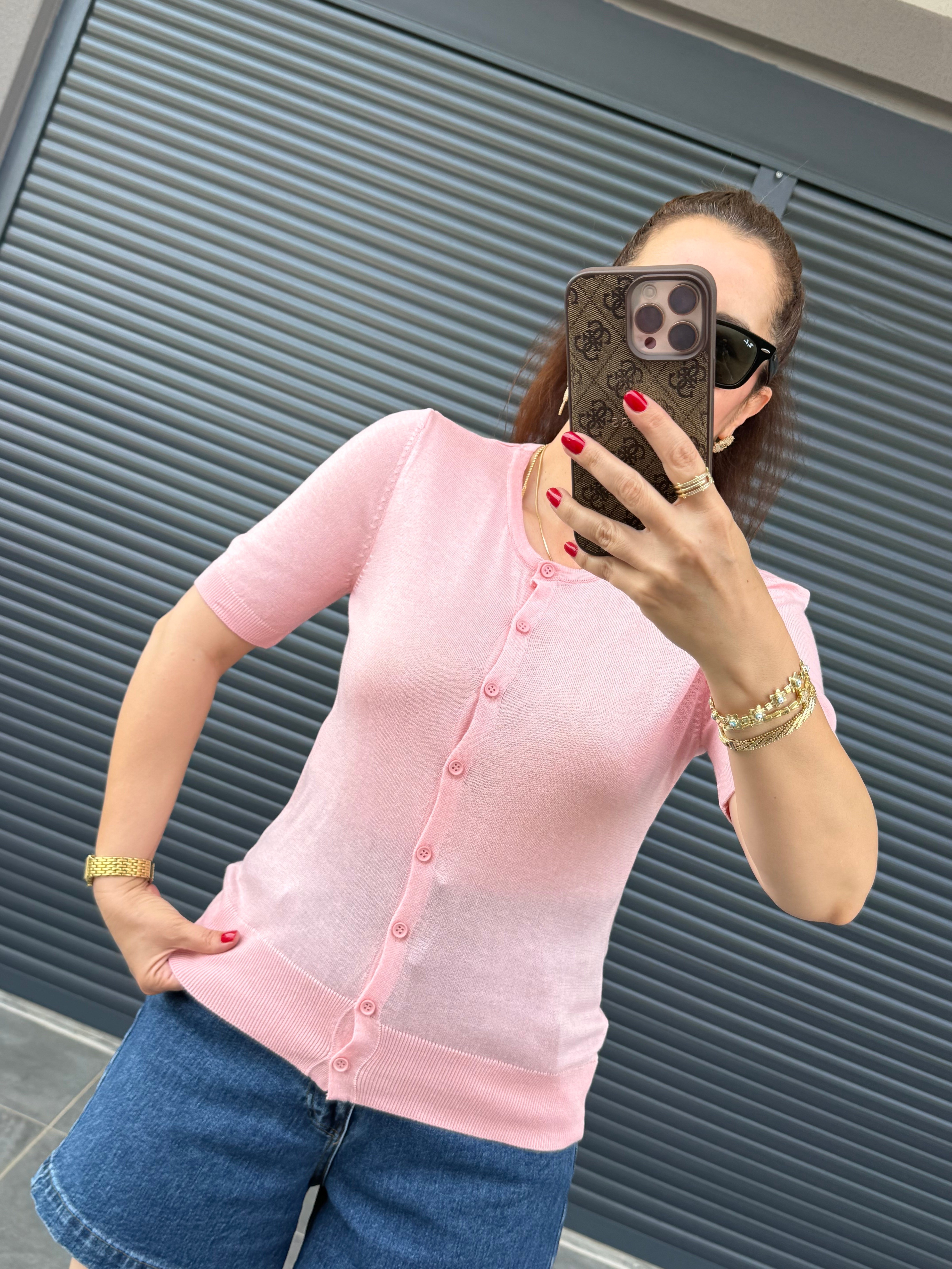 İnce Triko Önü Düğmeli Bluz Pembe 