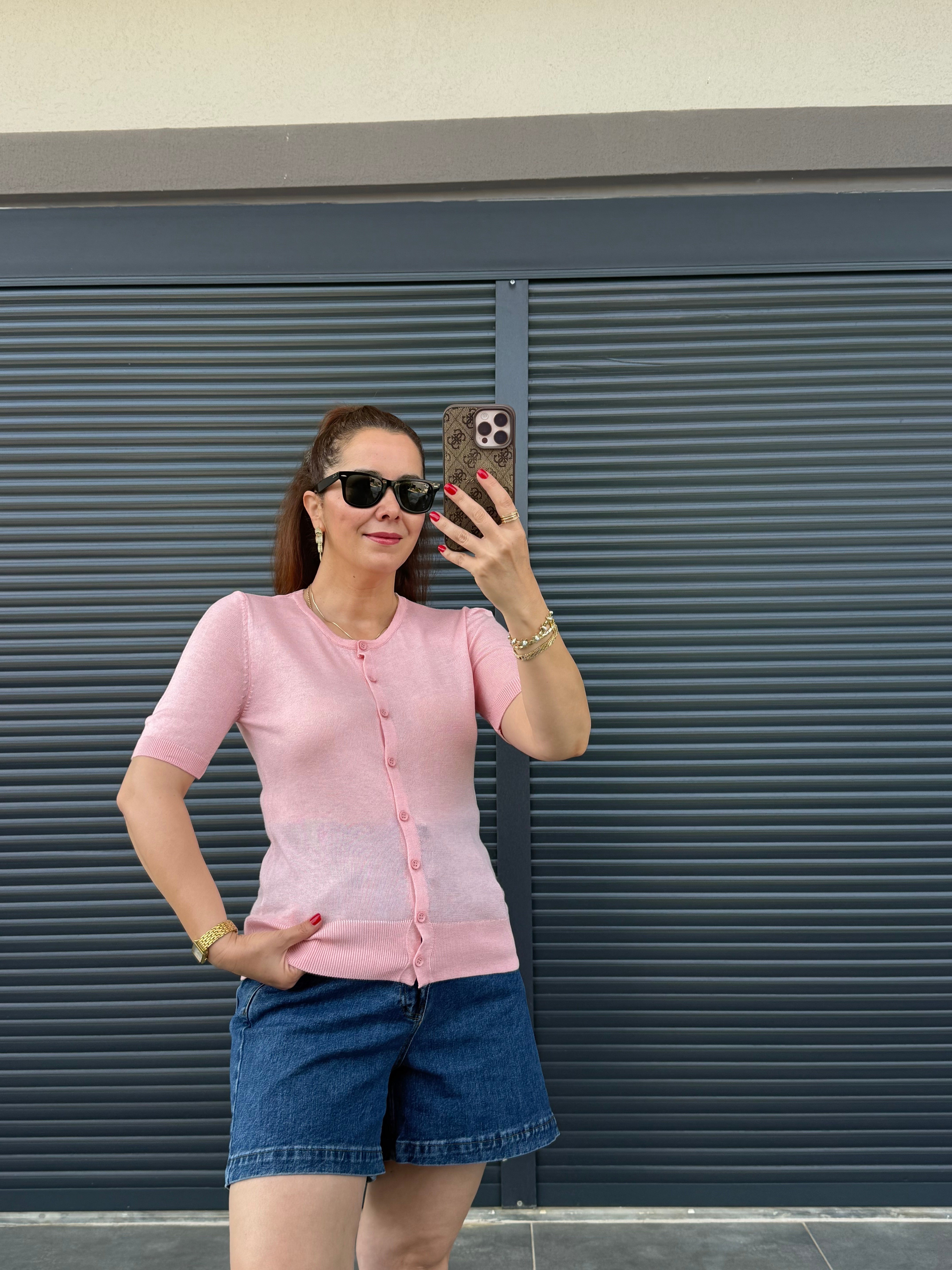 İnce Triko Önü Düğmeli Bluz Pembe 