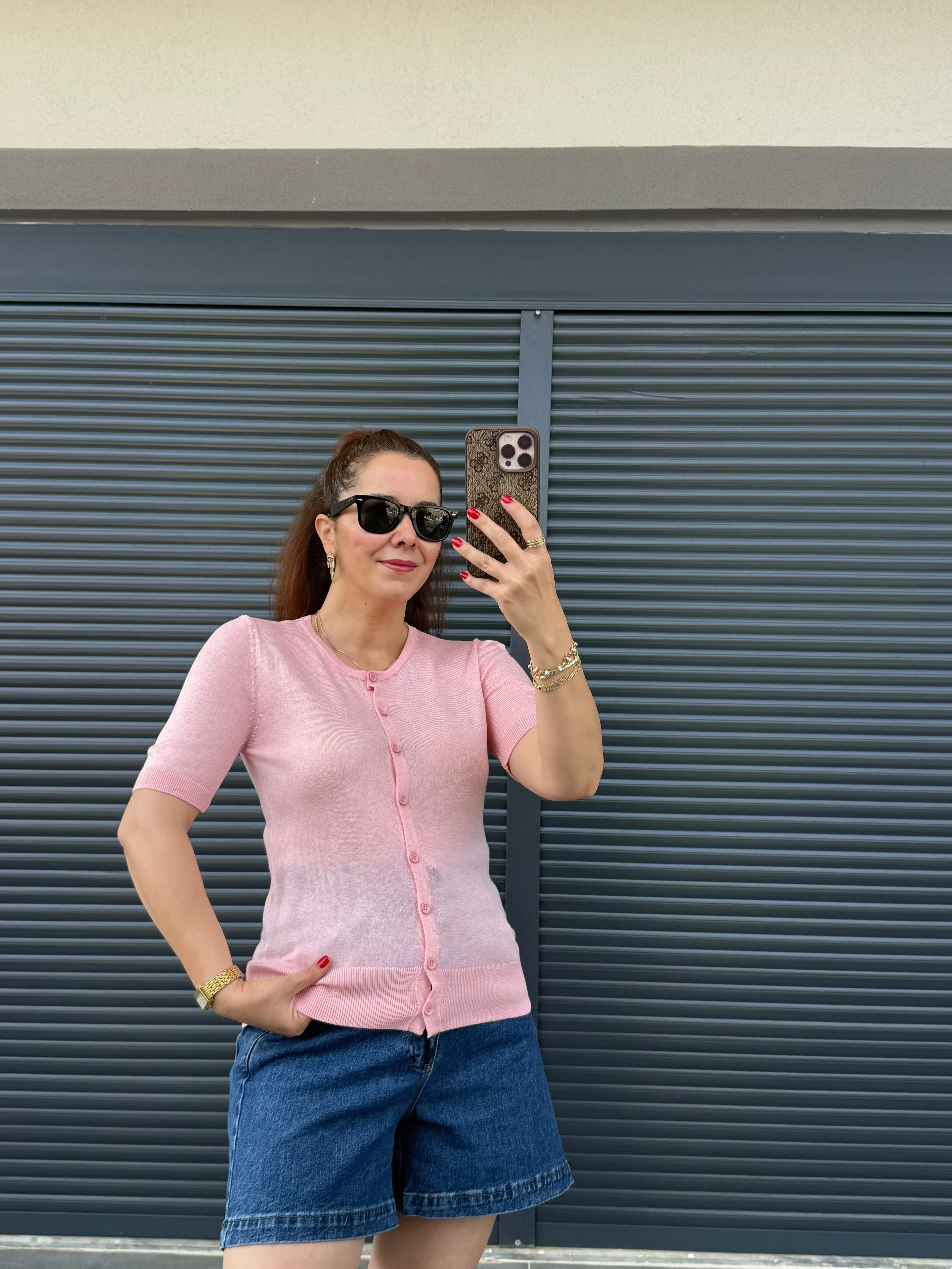 İnce Triko Önü Düğmeli Bluz Pembe 