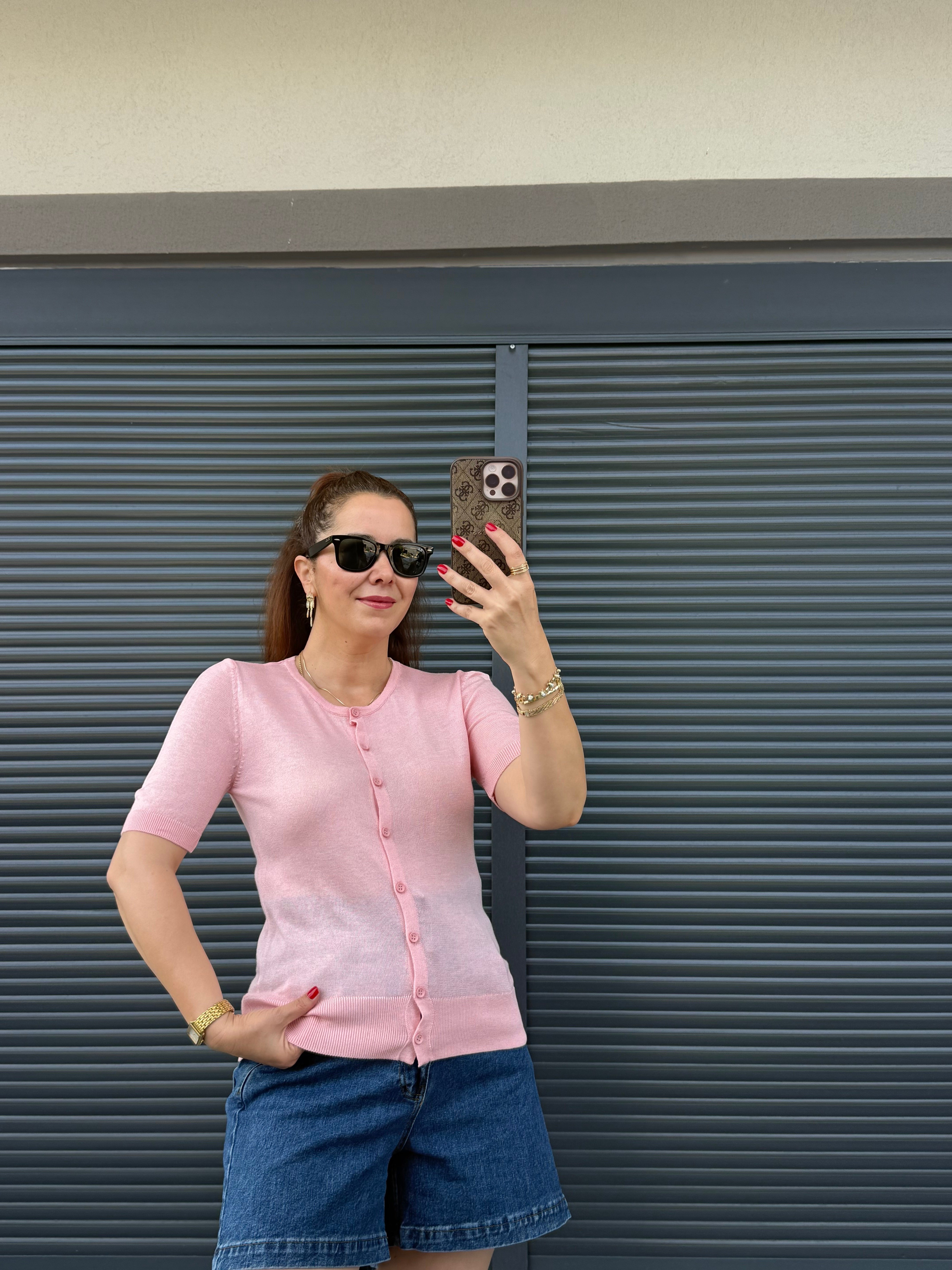 İnce Triko Önü Düğmeli Bluz Pembe 