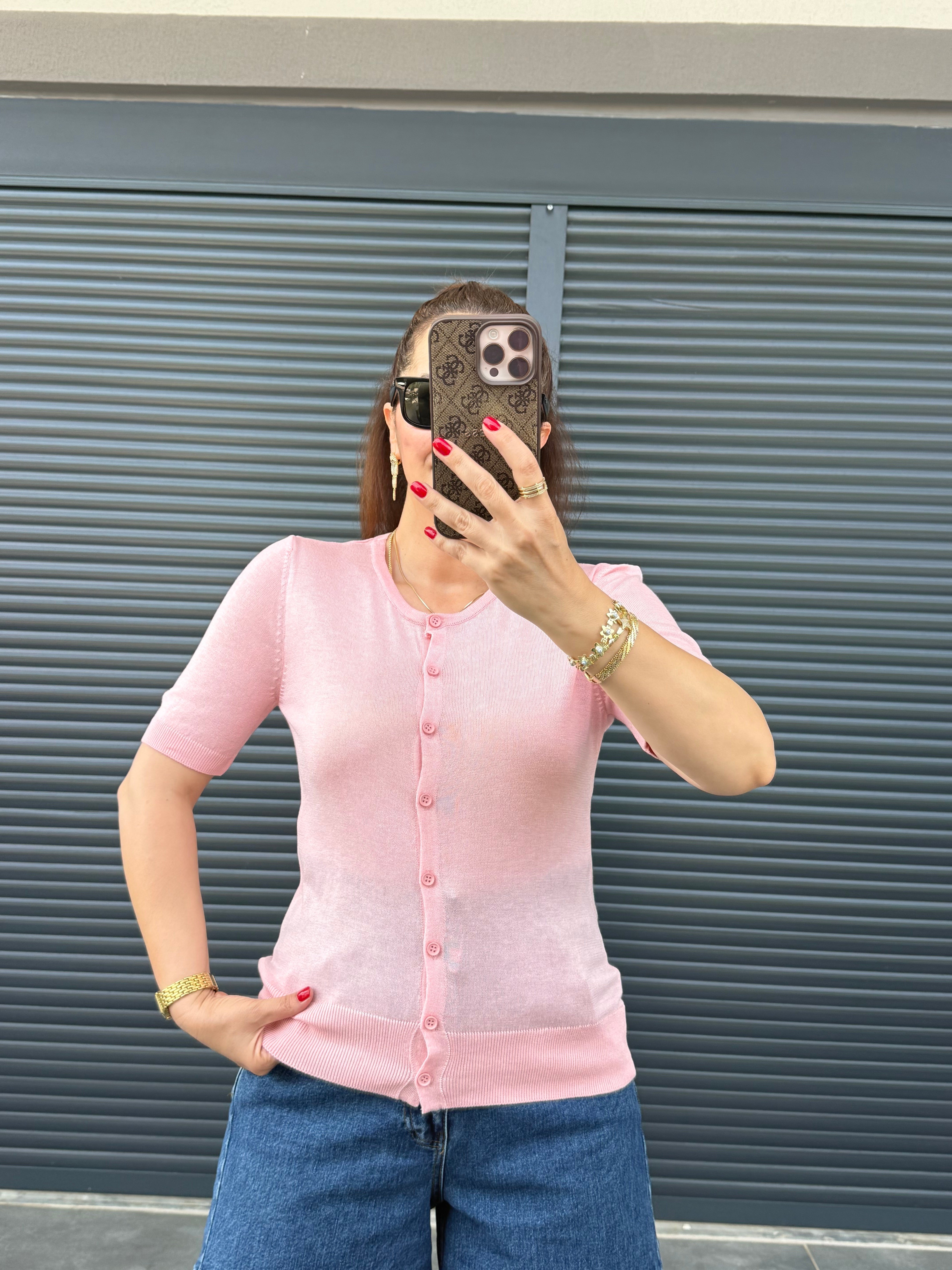 İnce Triko Önü Düğmeli Bluz Pembe 