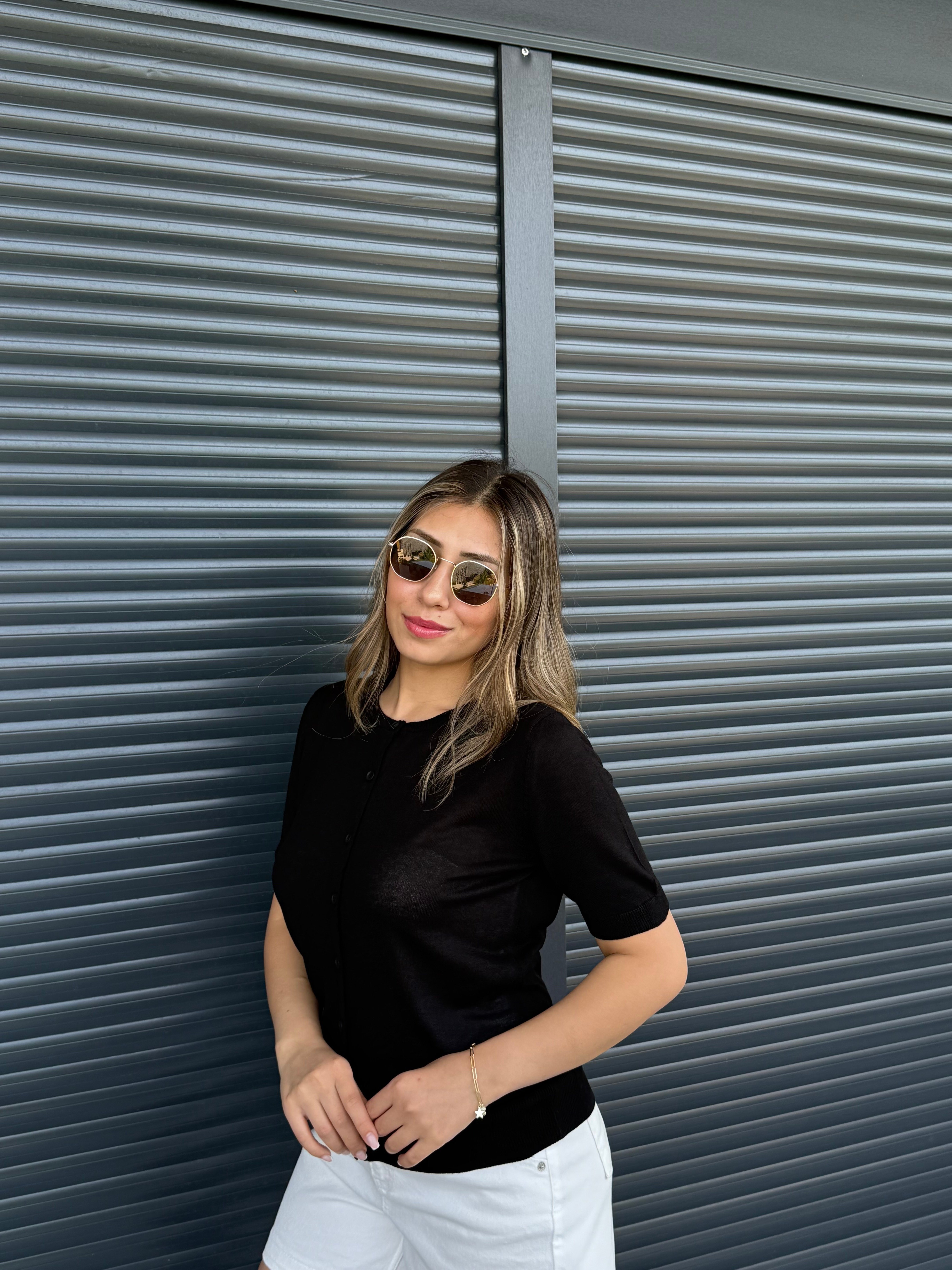 İnce Triko Önü Düğmeli Bluz Siyah