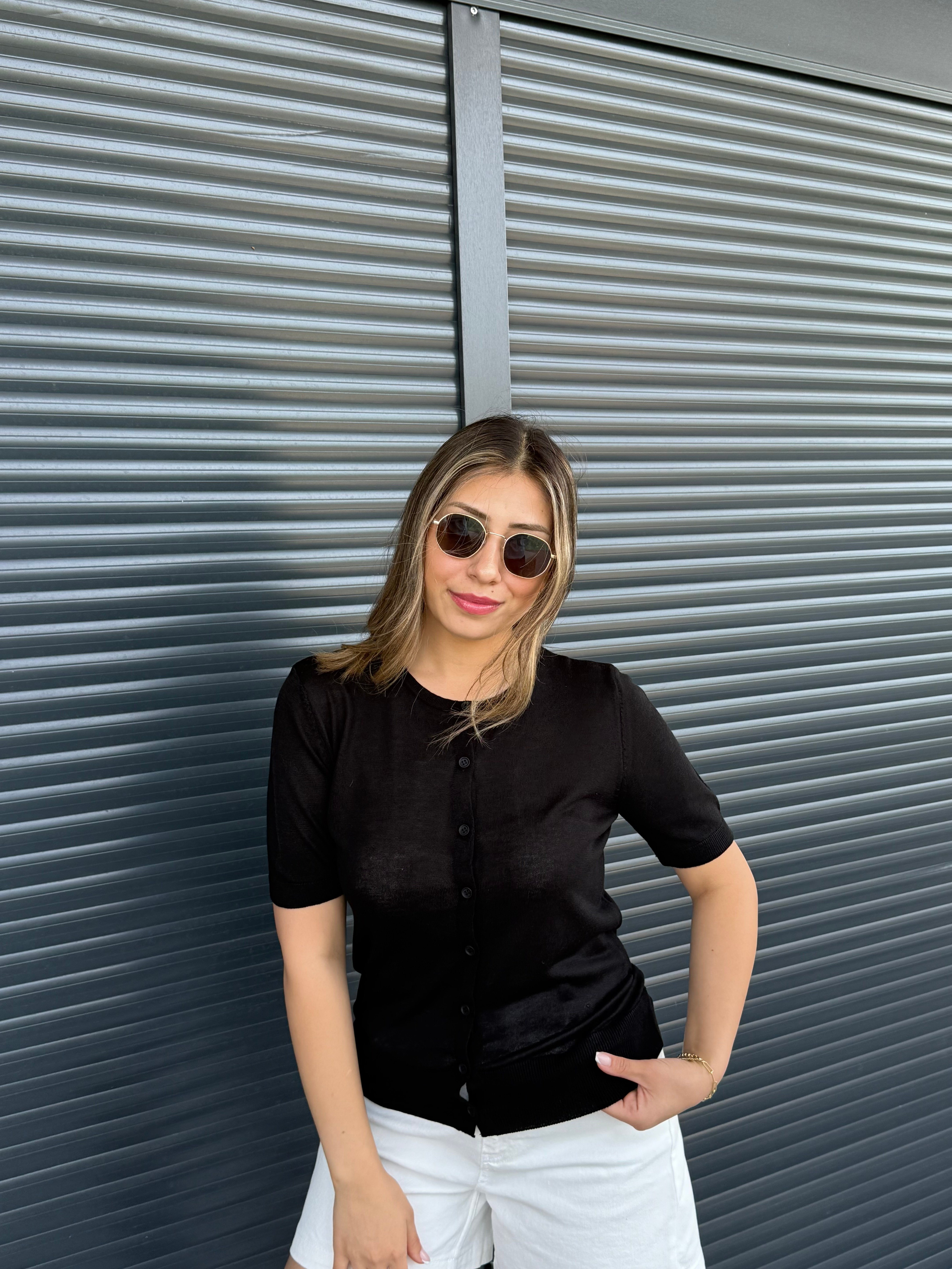 İnce Triko Önü Düğmeli Bluz Siyah