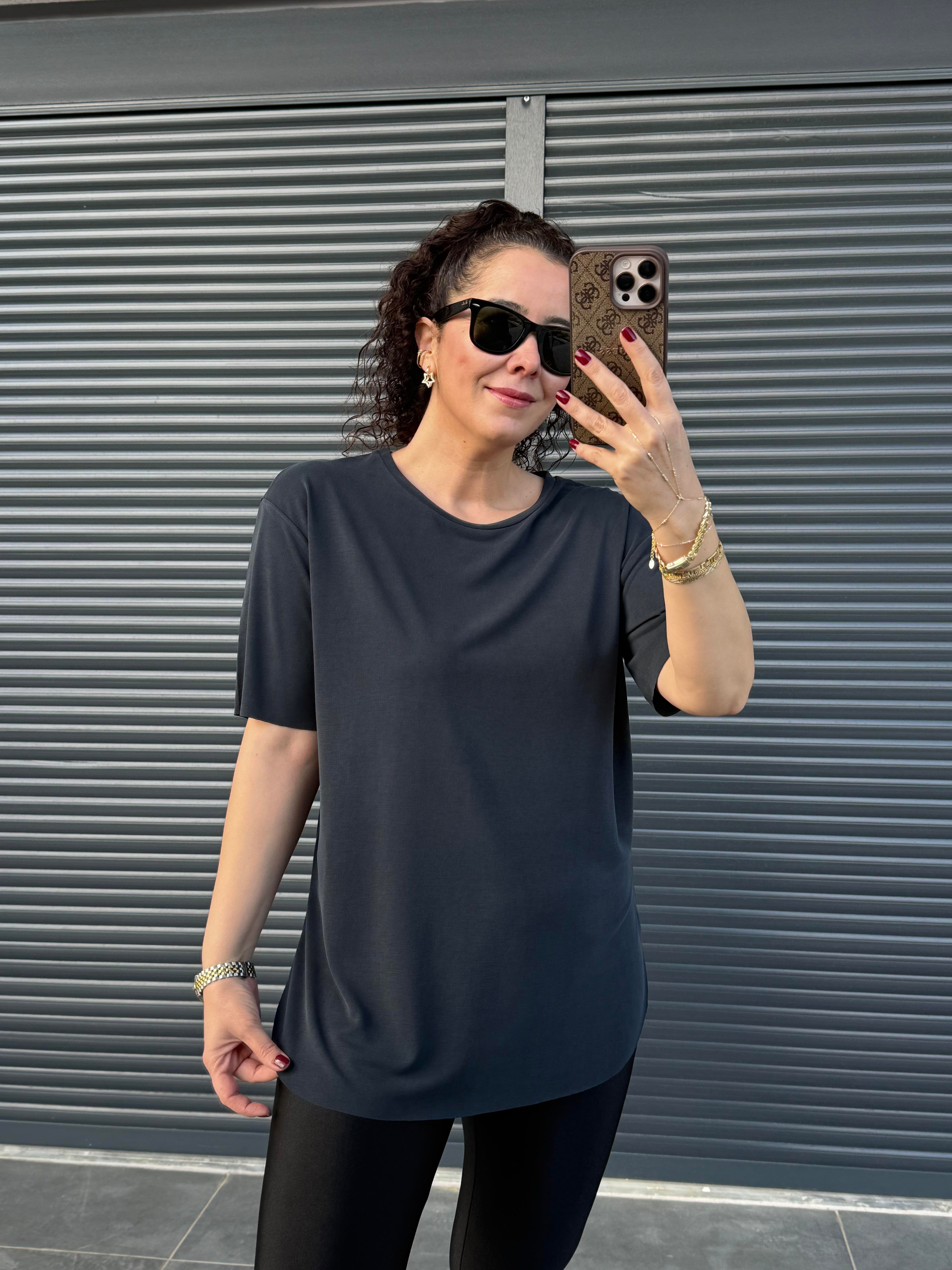 İthal Modal Bisiklet Yaka T-Shirt Antrasit 