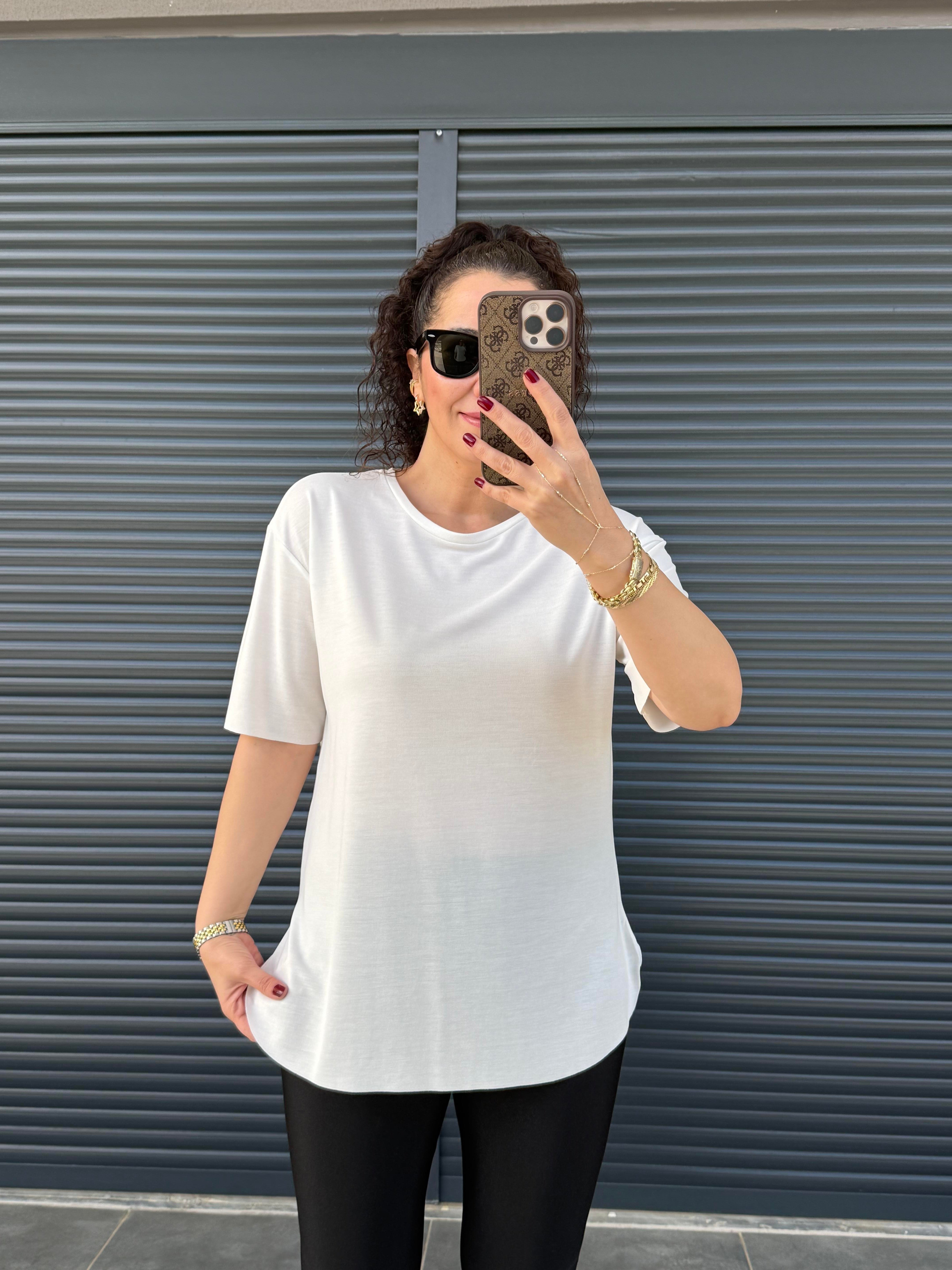 İthal Modal Bisiklet Yaka T-Shirt Ekru