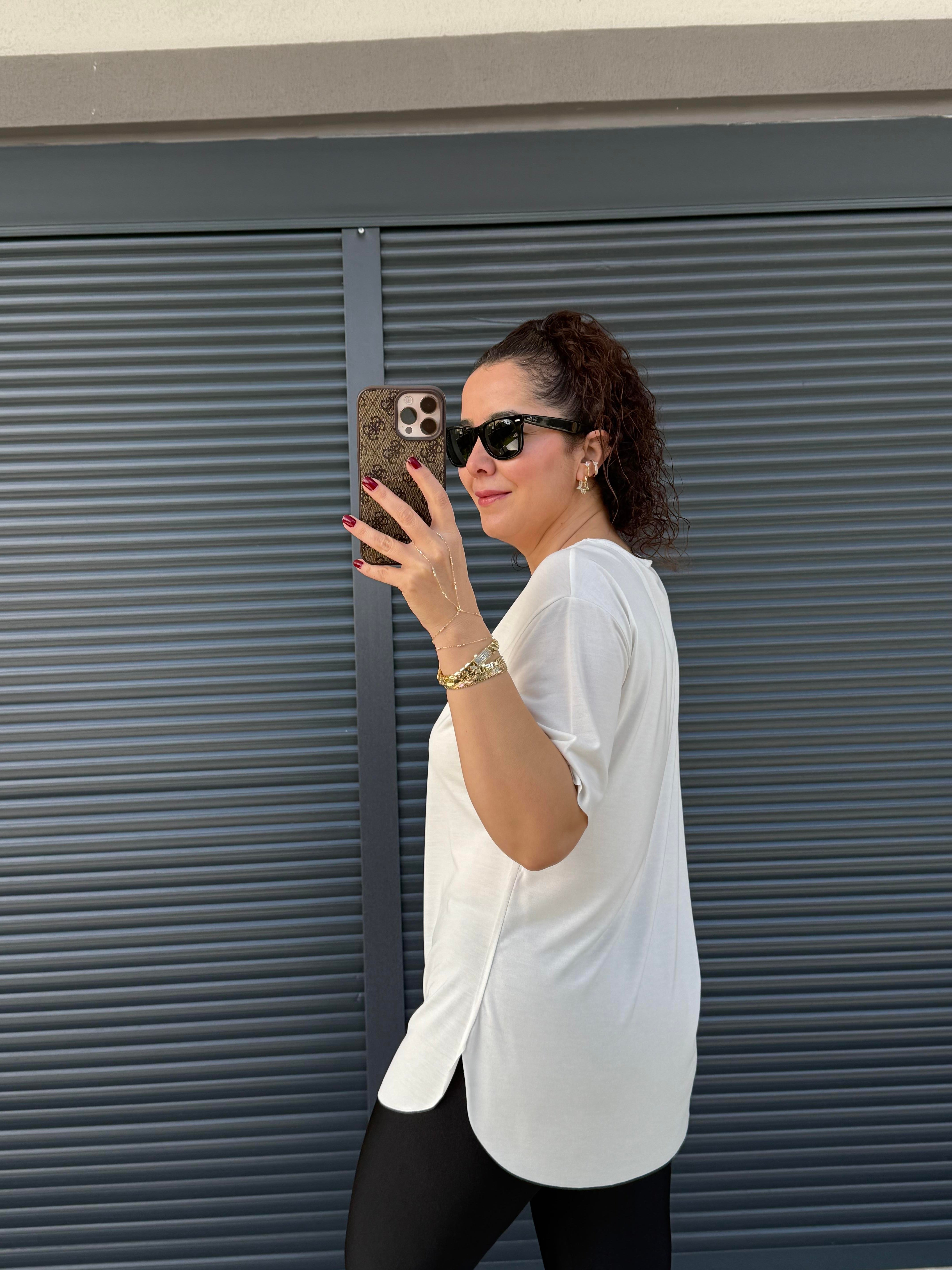 İthal Modal Bisiklet Yaka T-Shirt Ekru