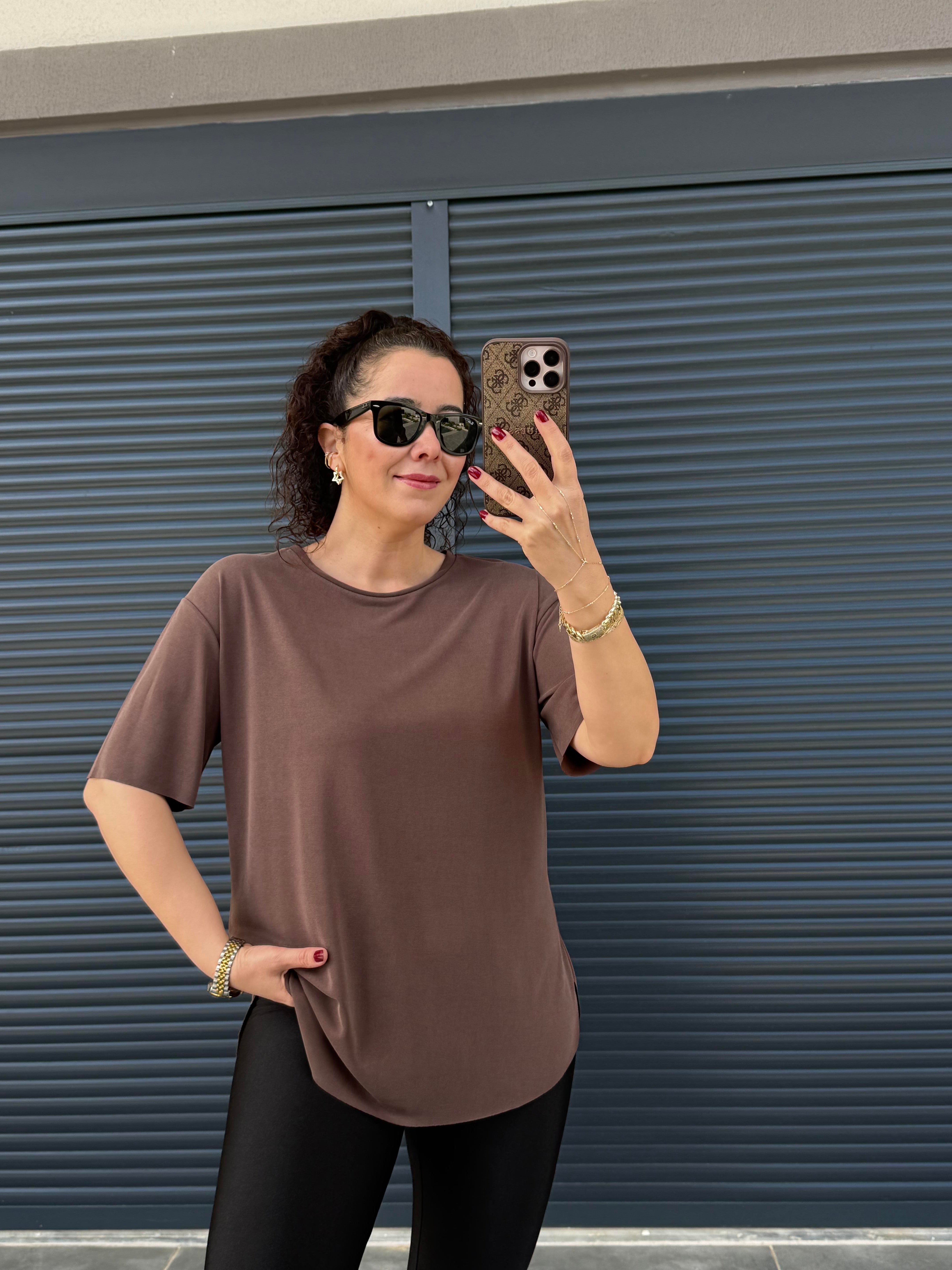 İthal Modal Bisiklet Yaka T-Shirt Kahverengi