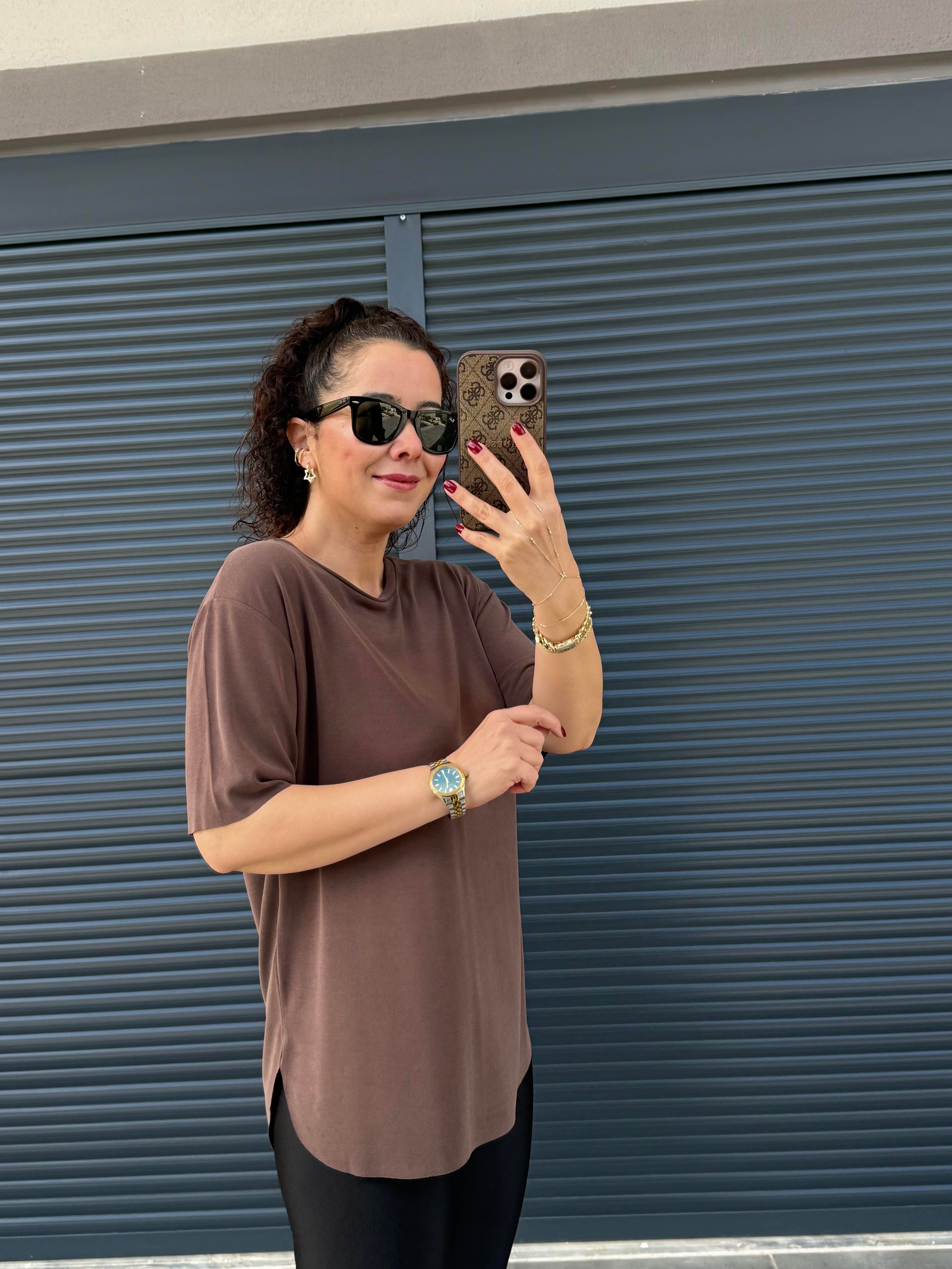 İthal Modal Bisiklet Yaka T-Shirt Kahverengi