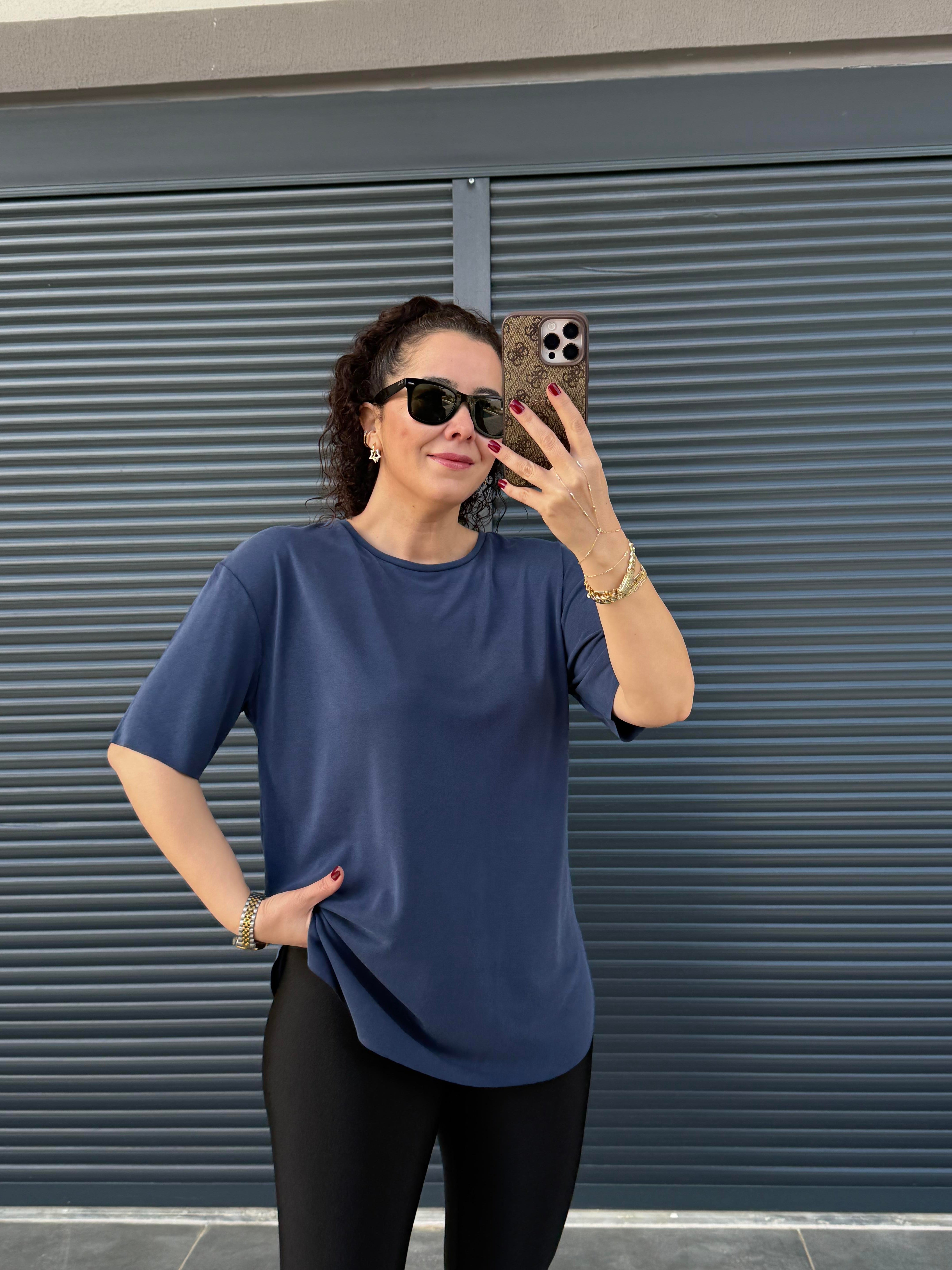 İthal Modal Bisiklet Yaka T-Shirt Lacivert