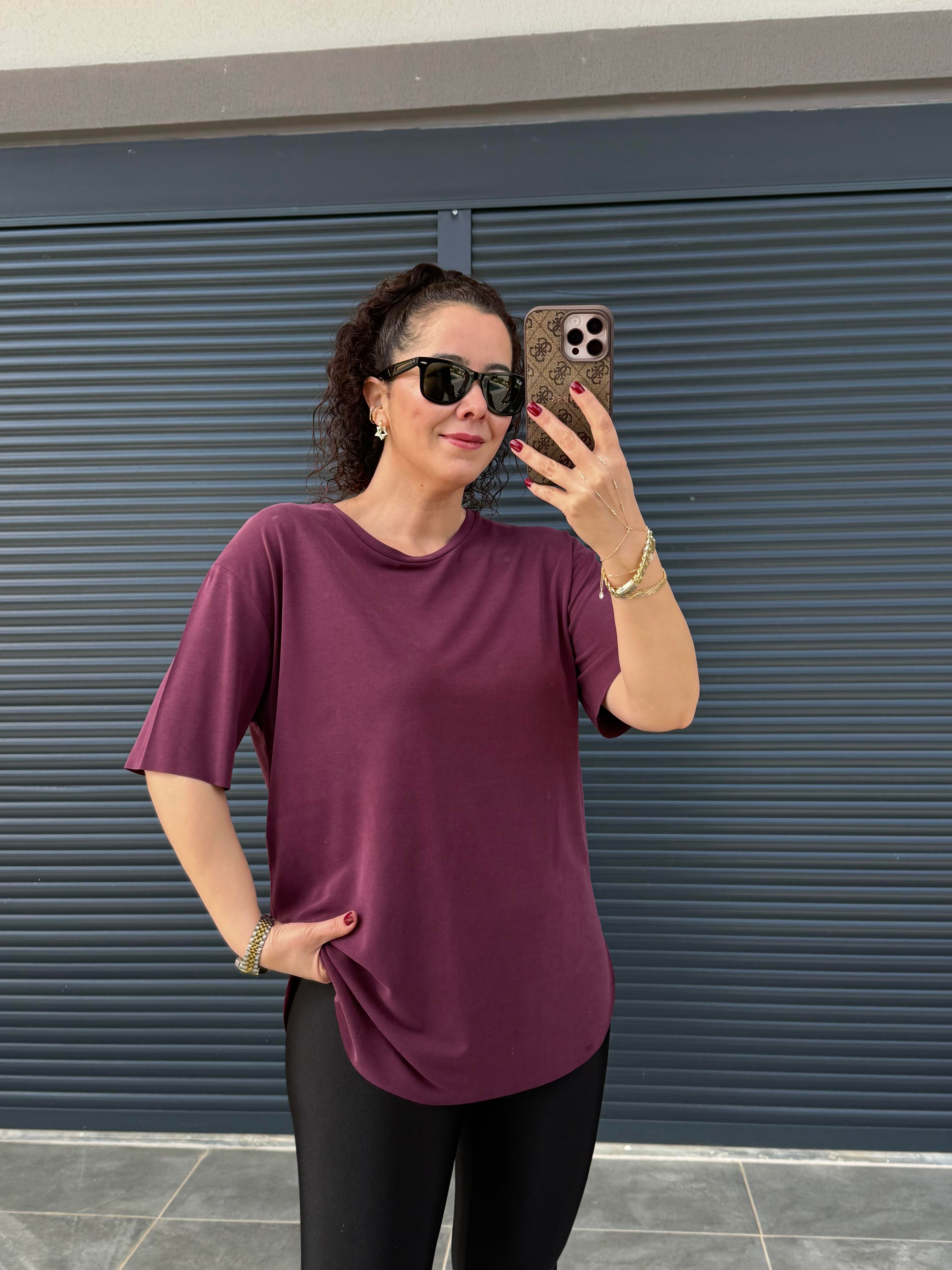 İthal Modal Bisiklet Yaka T-Shirt Mürdüm