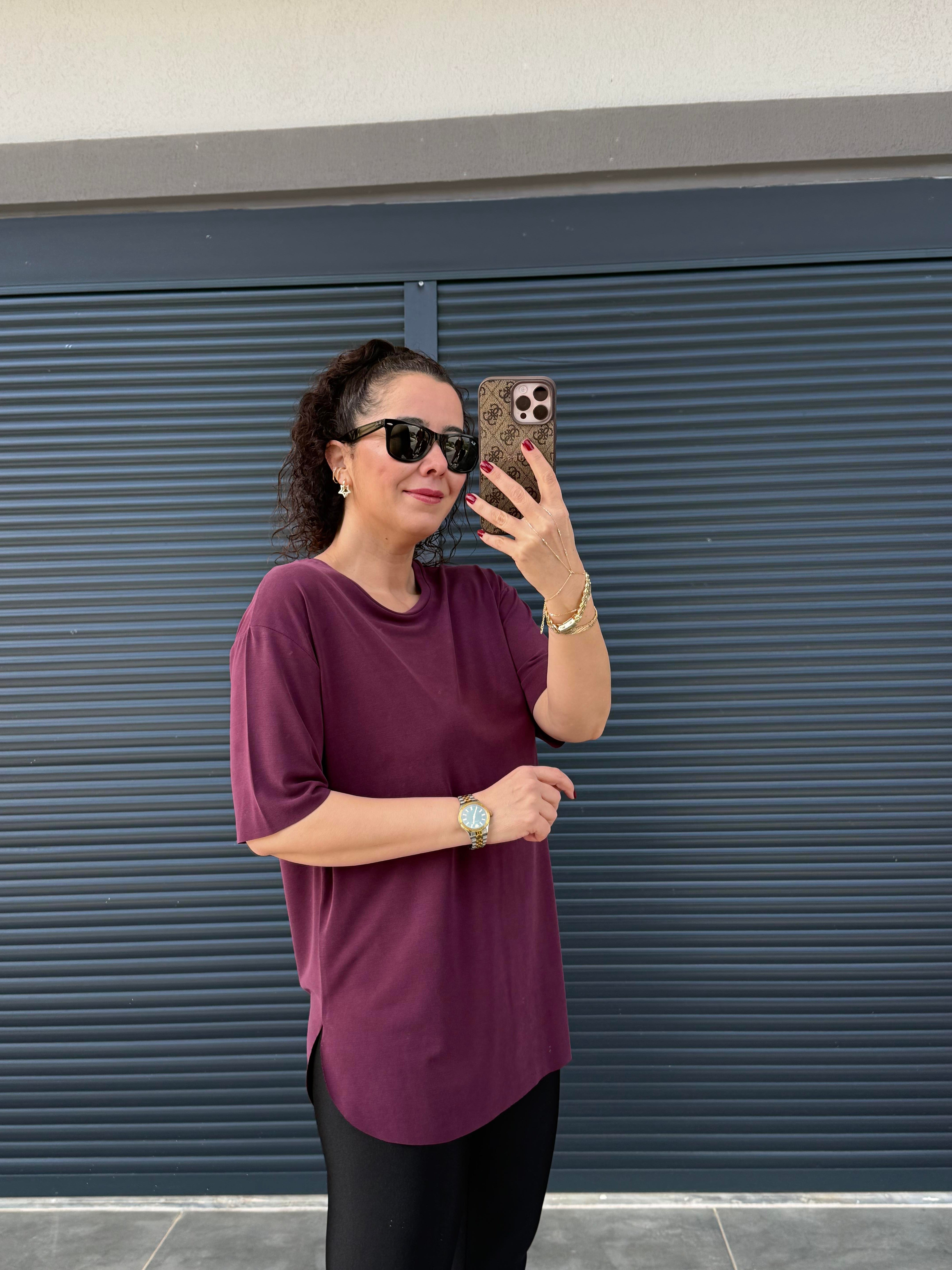 İthal Modal Bisiklet Yaka T-Shirt Mürdüm