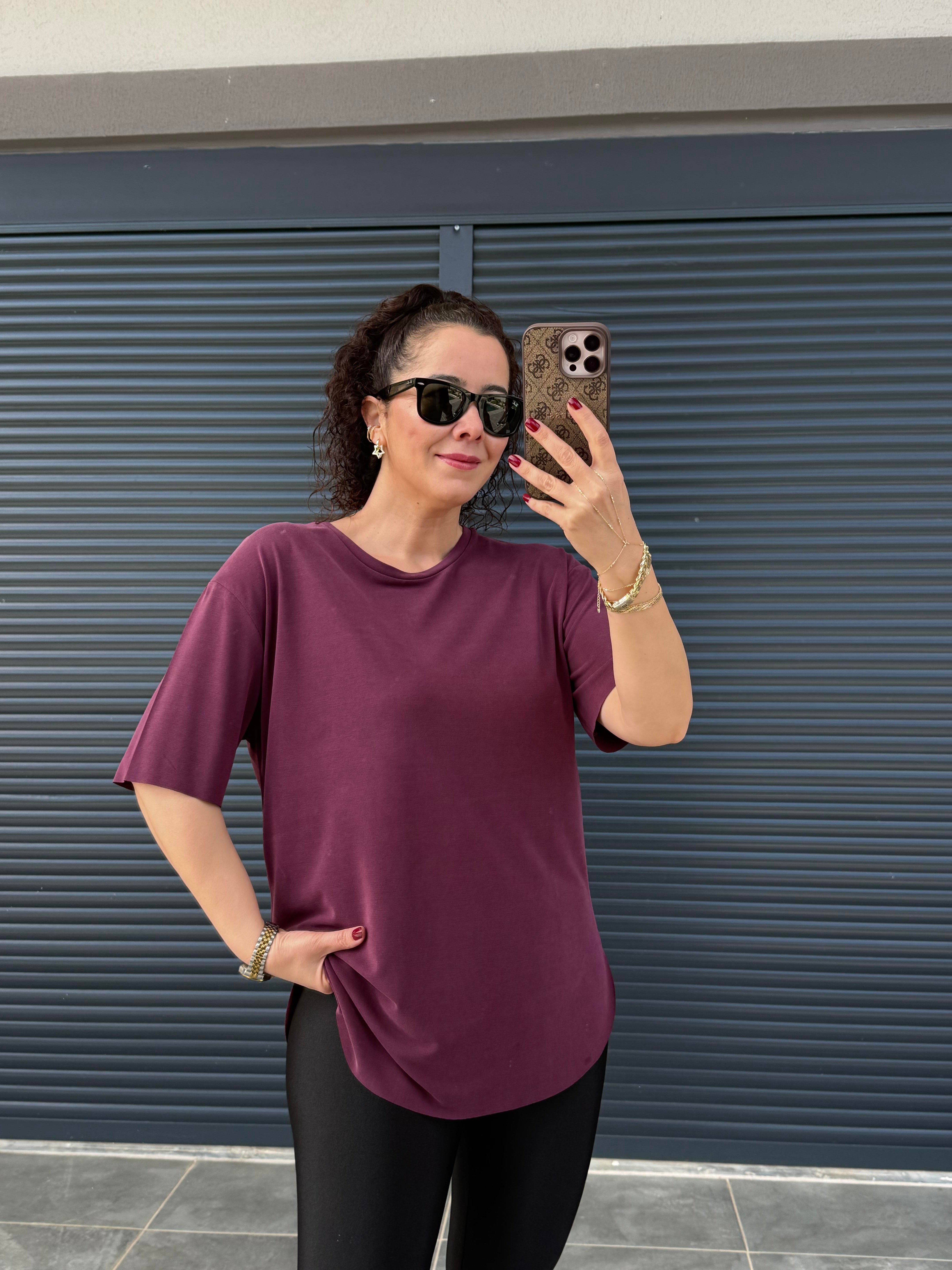 İthal Modal Bisiklet Yaka T-Shirt Mürdüm