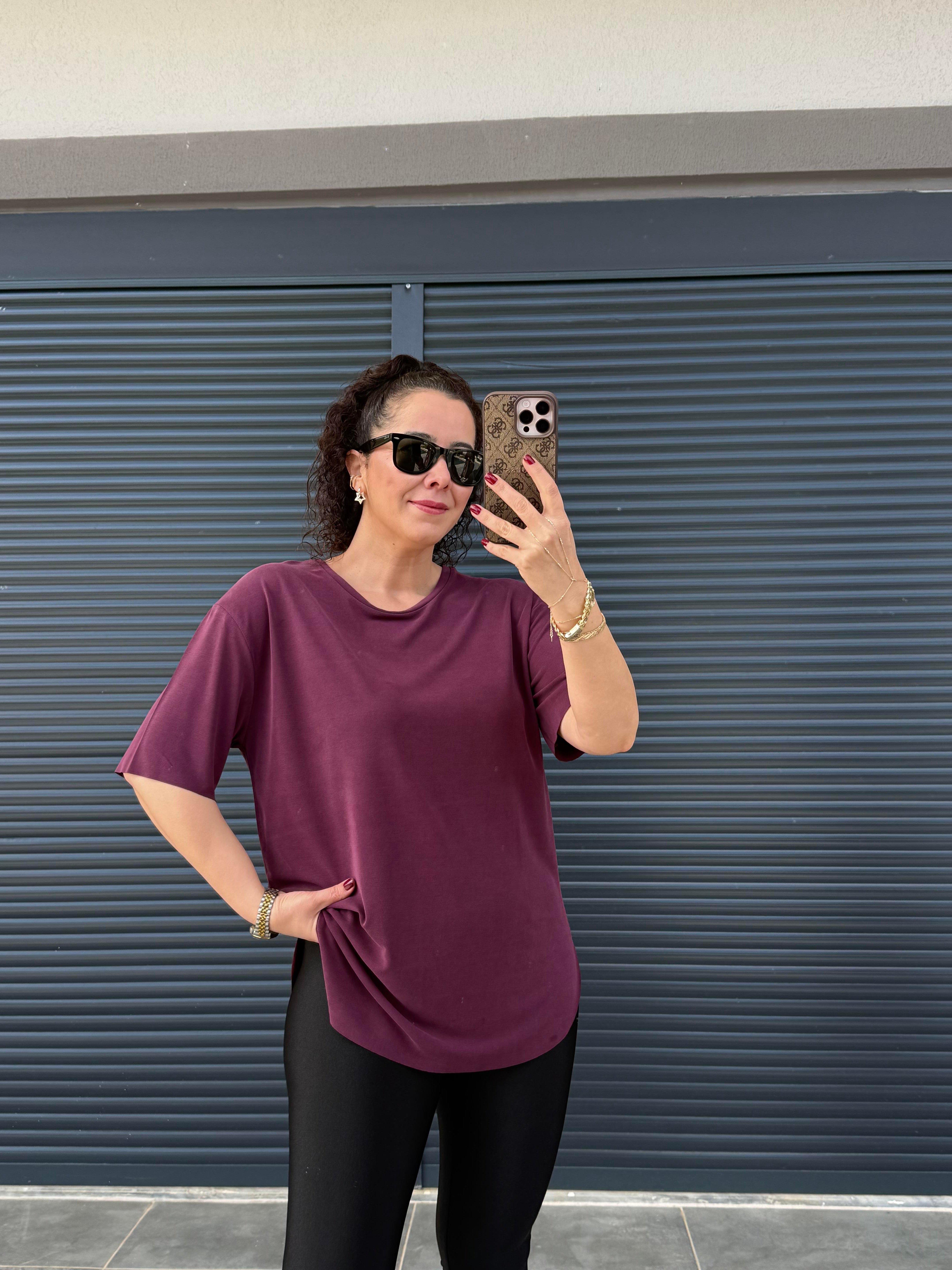 İthal Modal Bisiklet Yaka T-Shirt Mürdüm