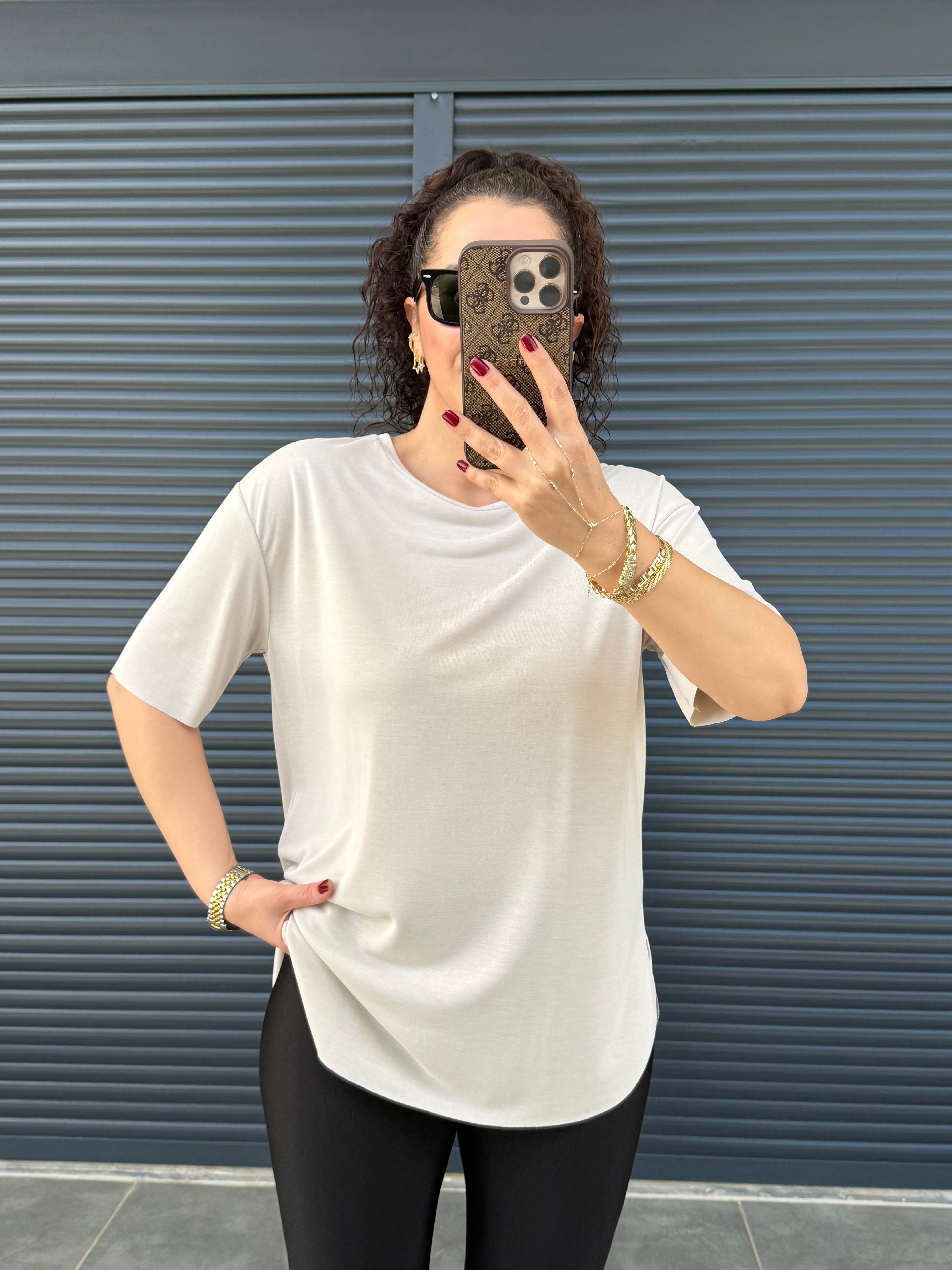 İthal Modal Bisiklet Yaka T-Shirt Taş