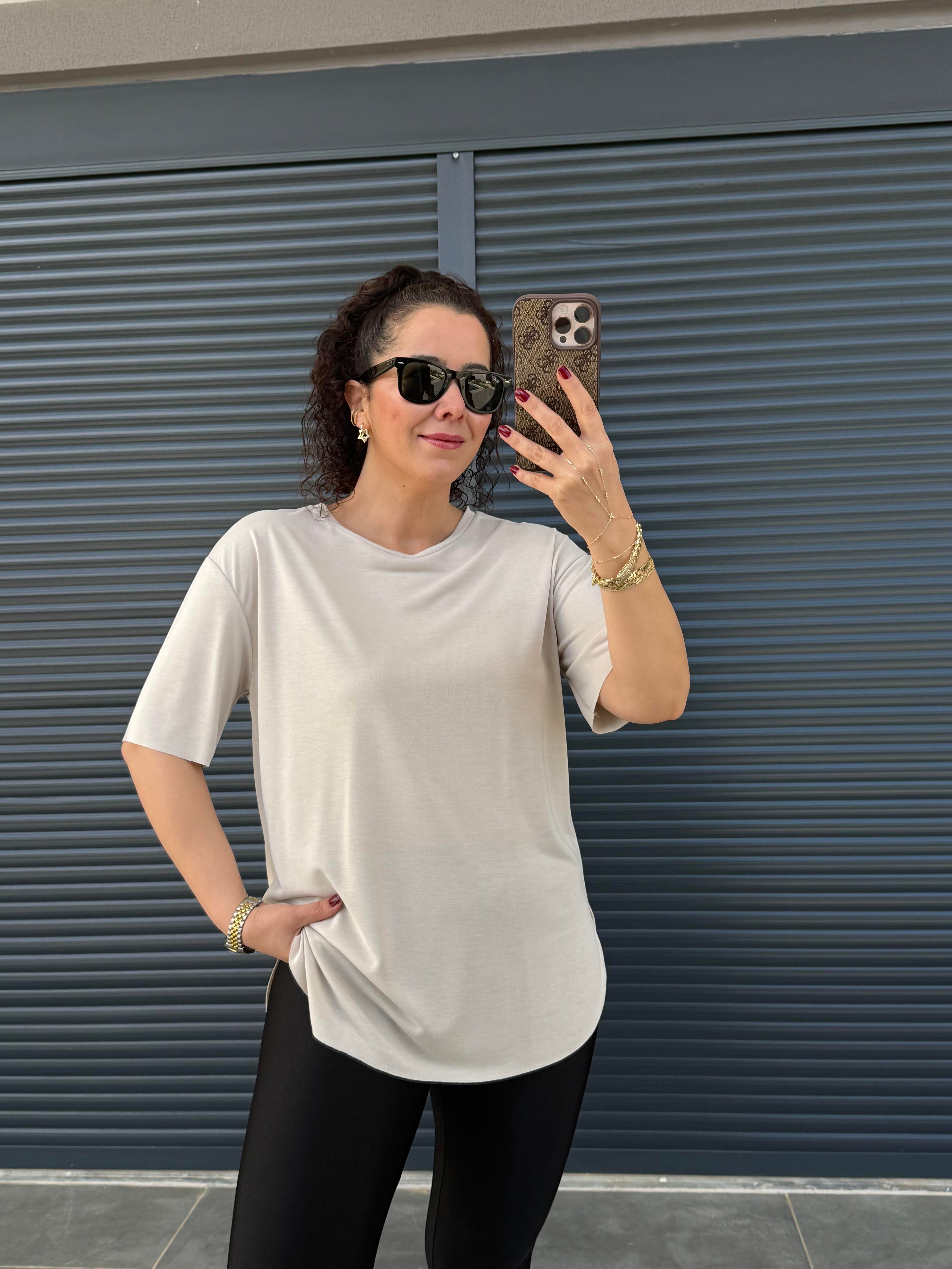 İthal Modal Bisiklet Yaka T-Shirt Taş