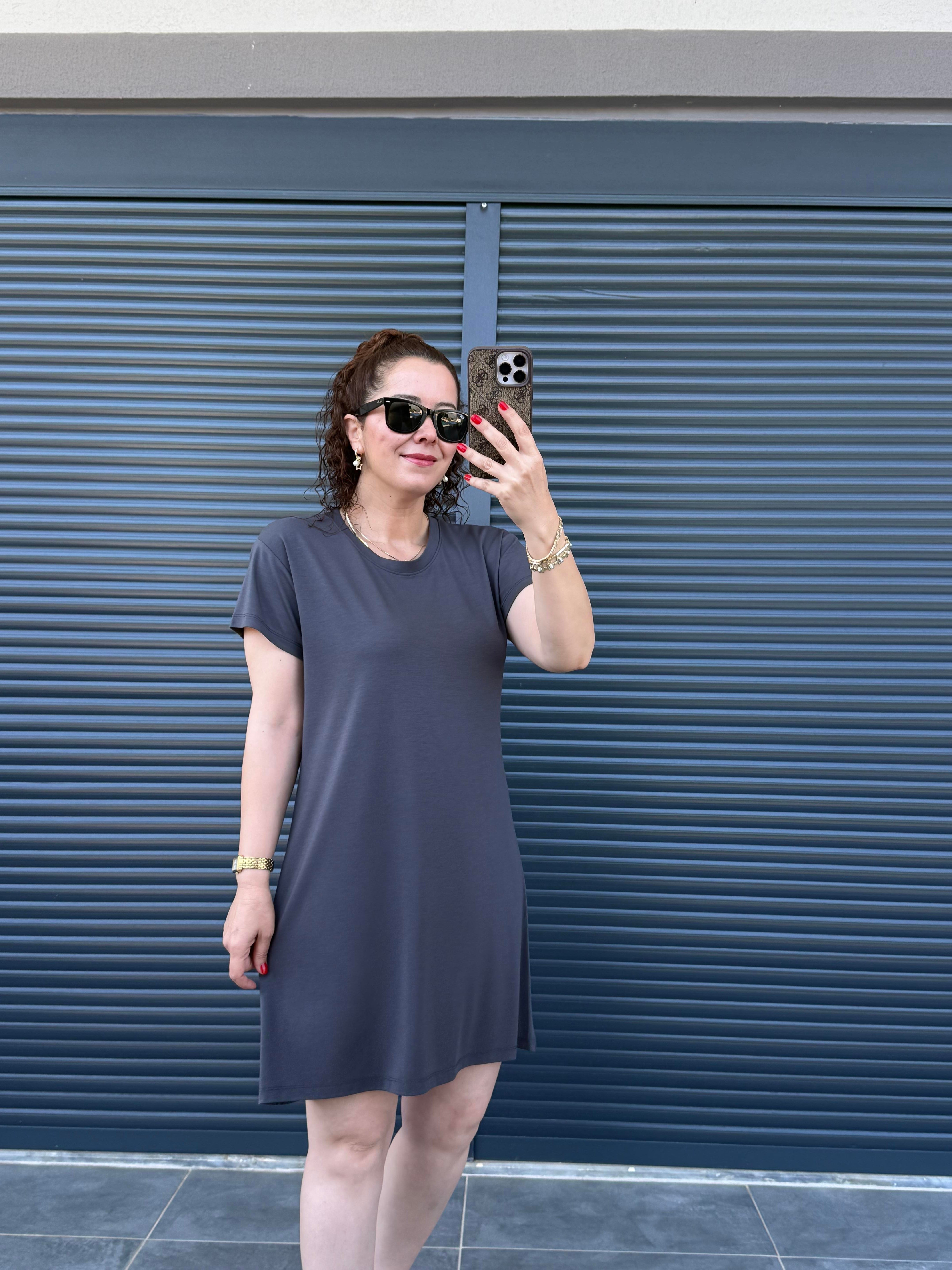 İthal Modal Kısa Kollu Basıc Elbise  Antrasit