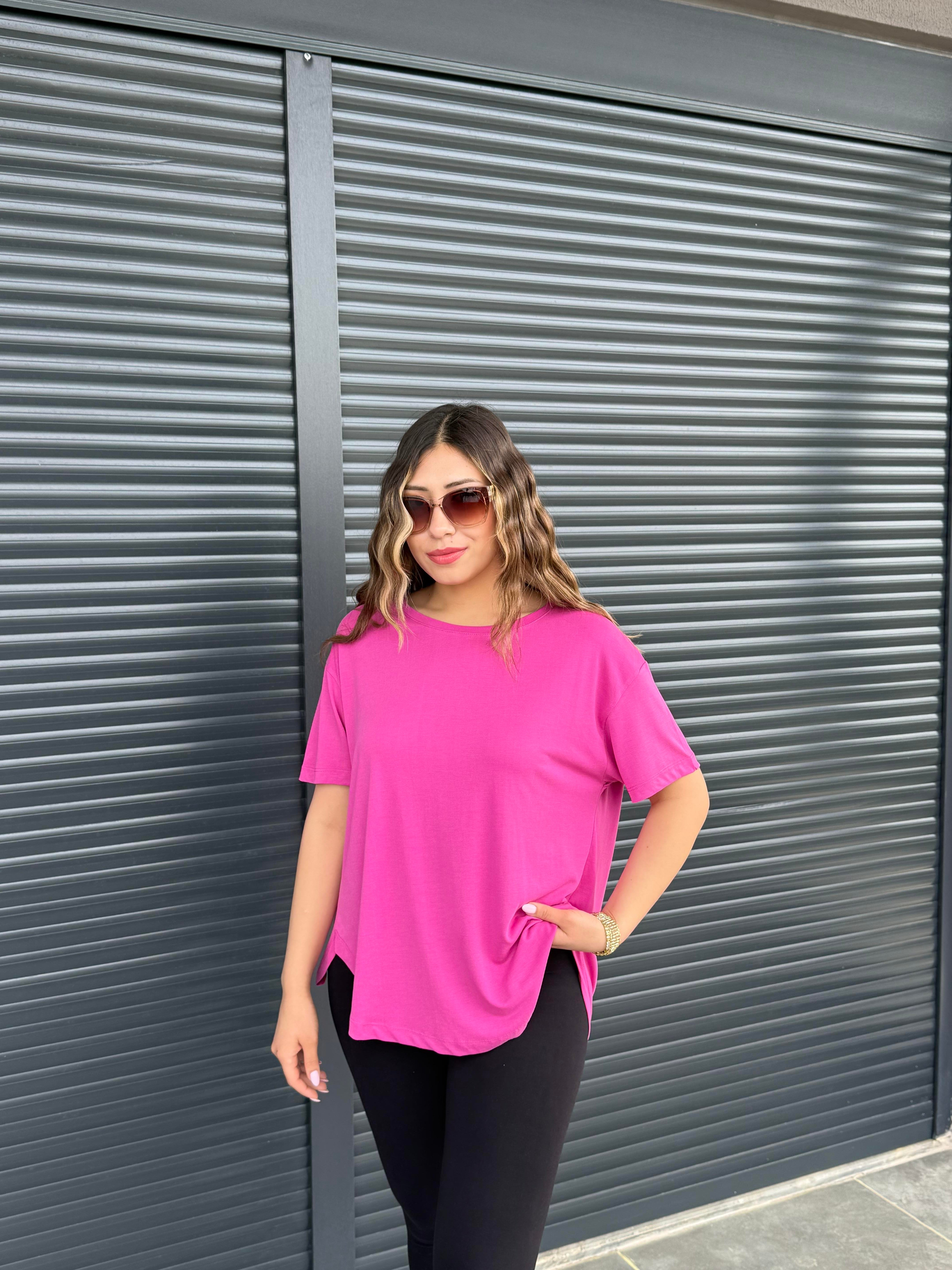 İthal Modal Sırt Pile Detaylı Basic  T-Shirt Fuşya
