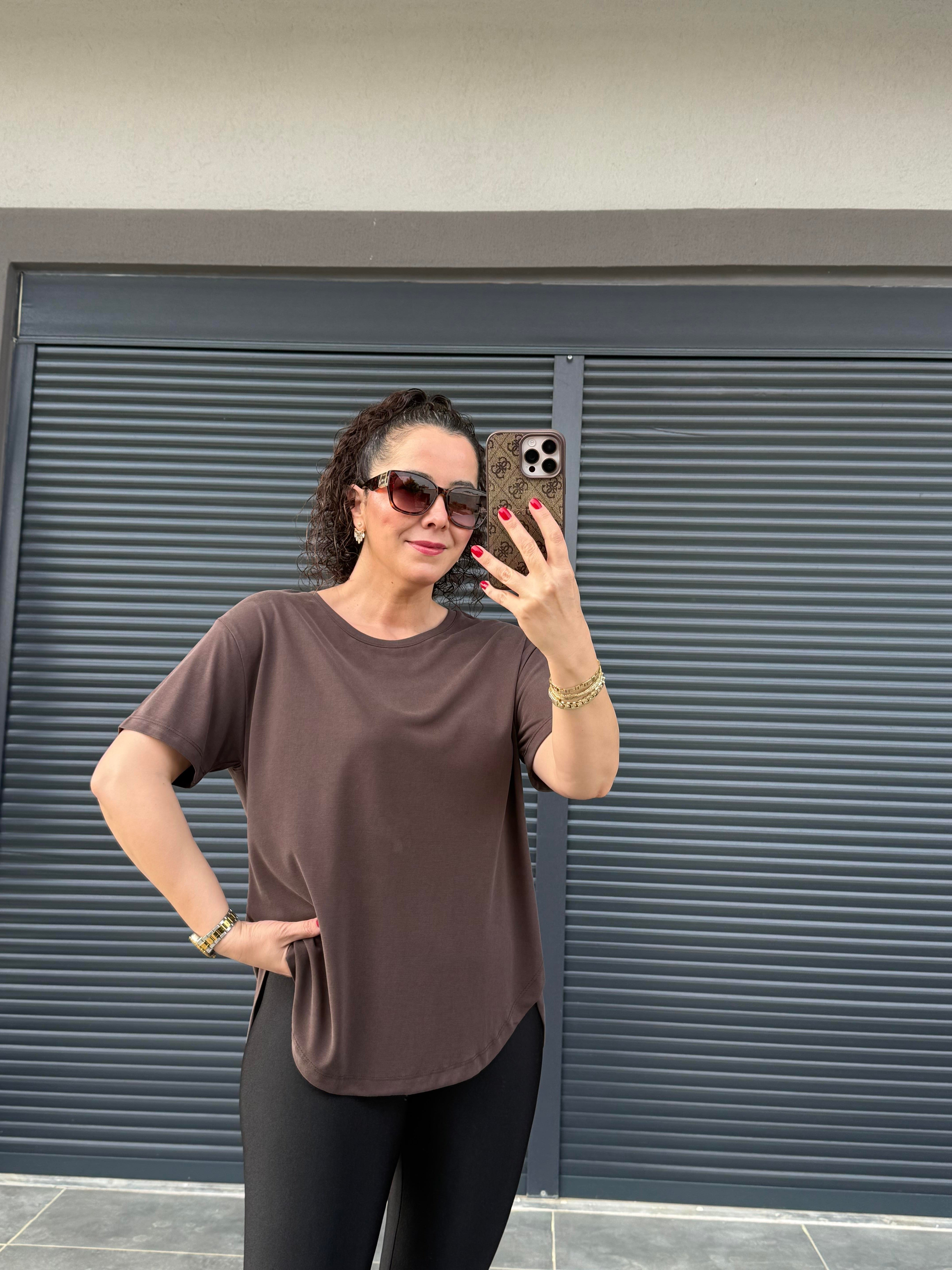 İthal Modal Sırt Pile Detaylı Basic  T-Shirt Kahverengi