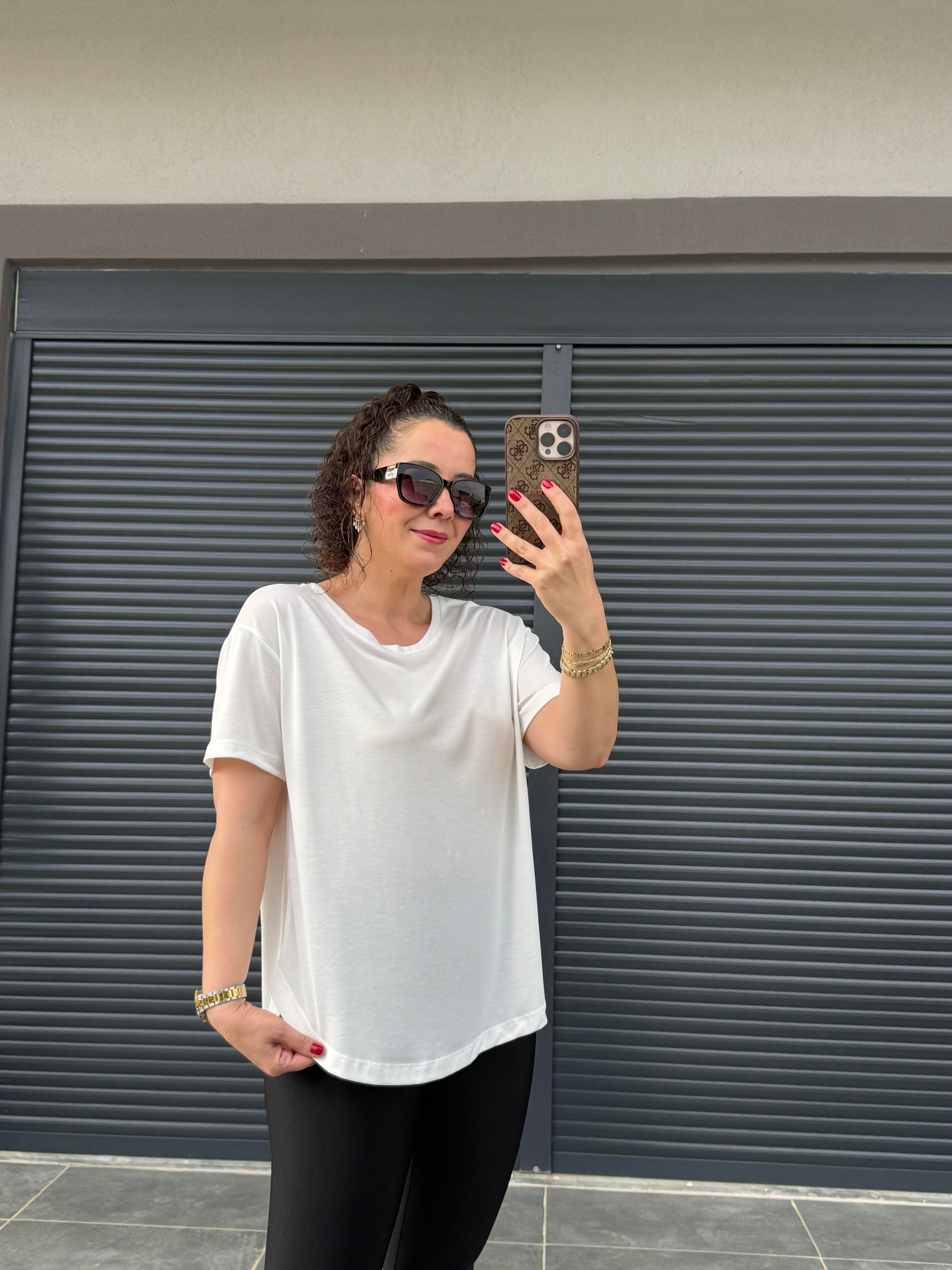 İthal Modal Sırt Pile Detaylı Basic  T-Shirt Beyaz