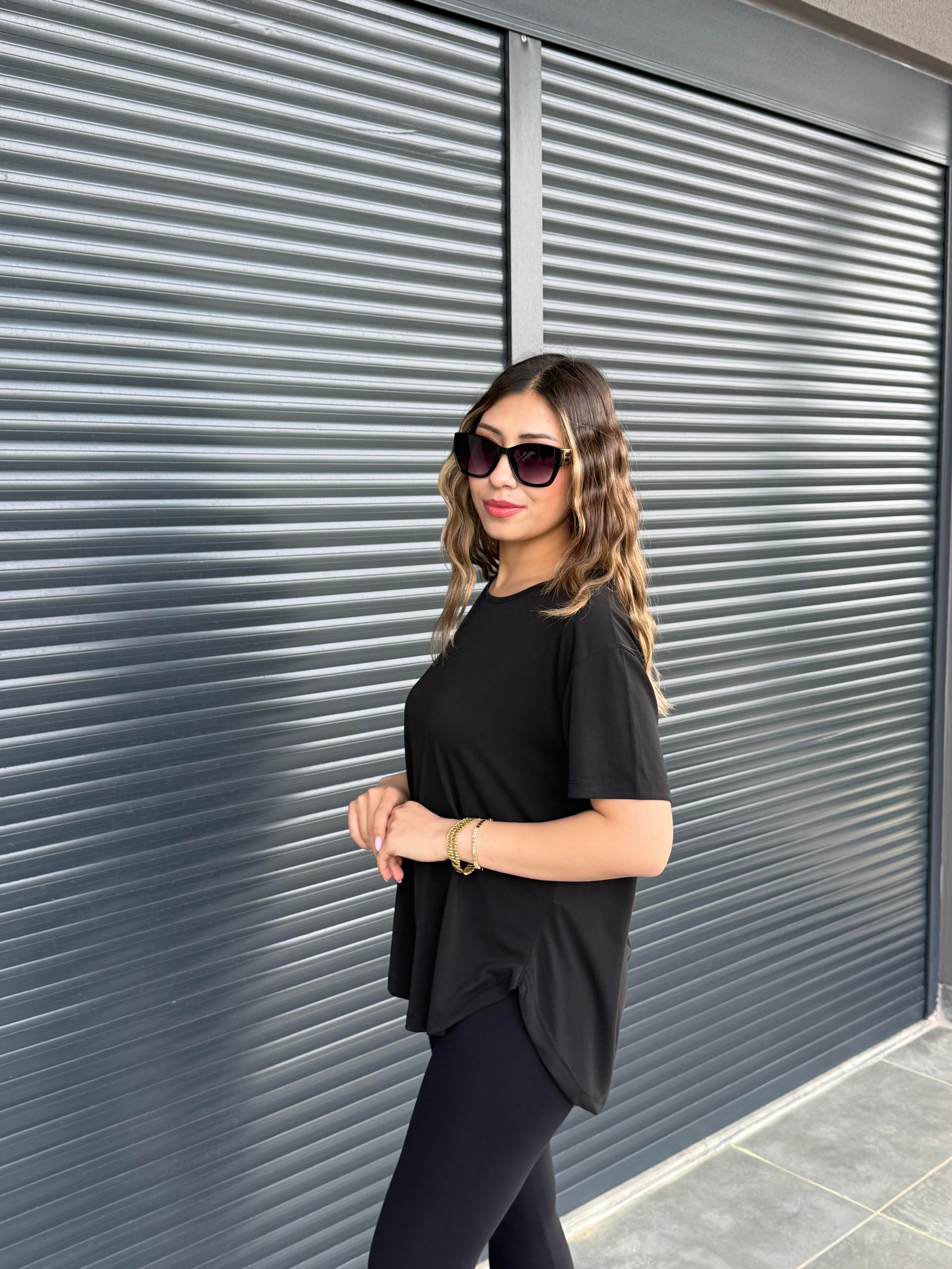 İthal Modal Sırt Pile Detaylı Basic  T-Shirt Siyah