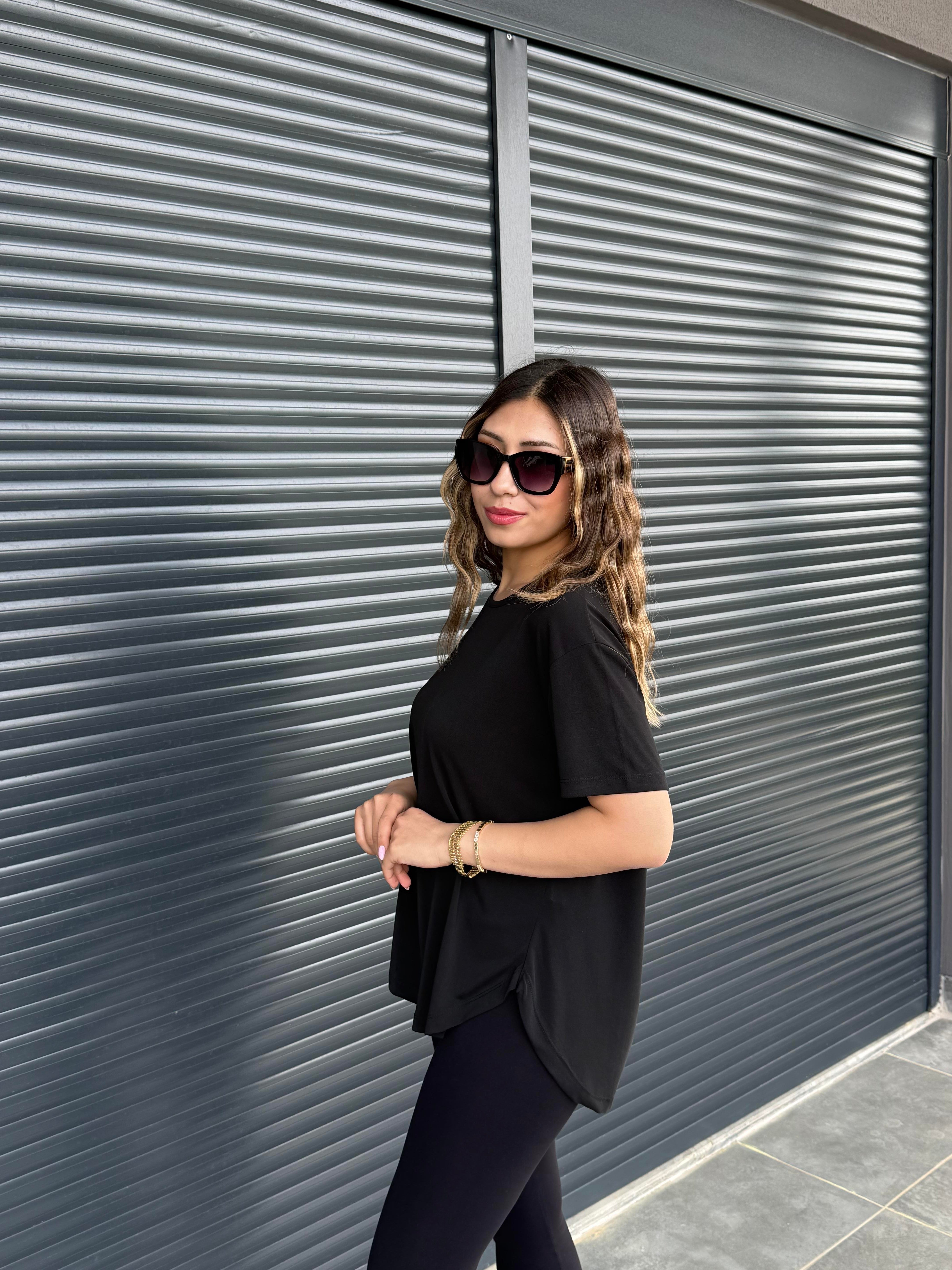 İthal Modal Sırt Pile Detaylı Basic  T-Shirt Siyah