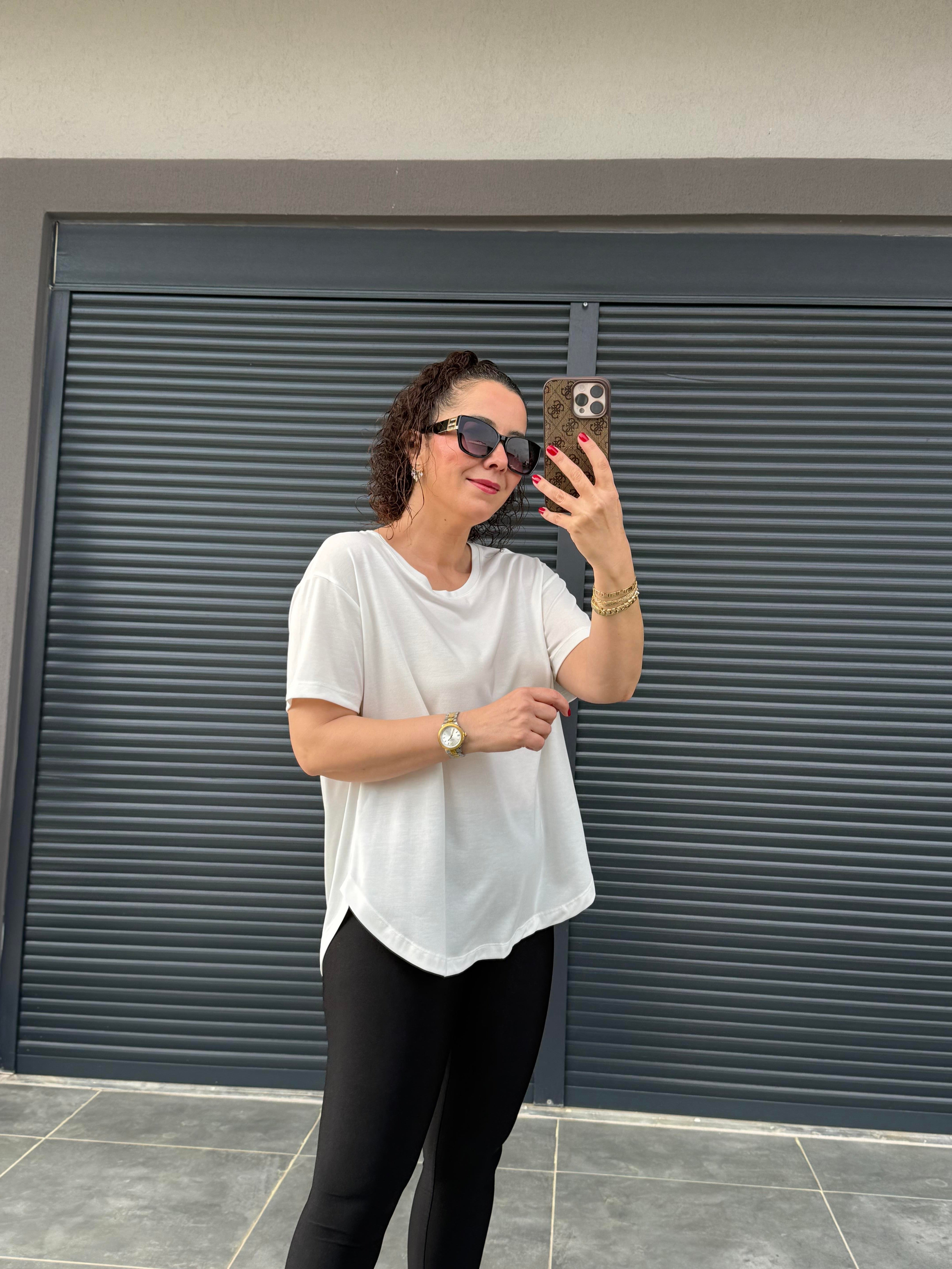 İthal Modal Sırt Pile Detaylı Basic  T-Shirt Beyaz