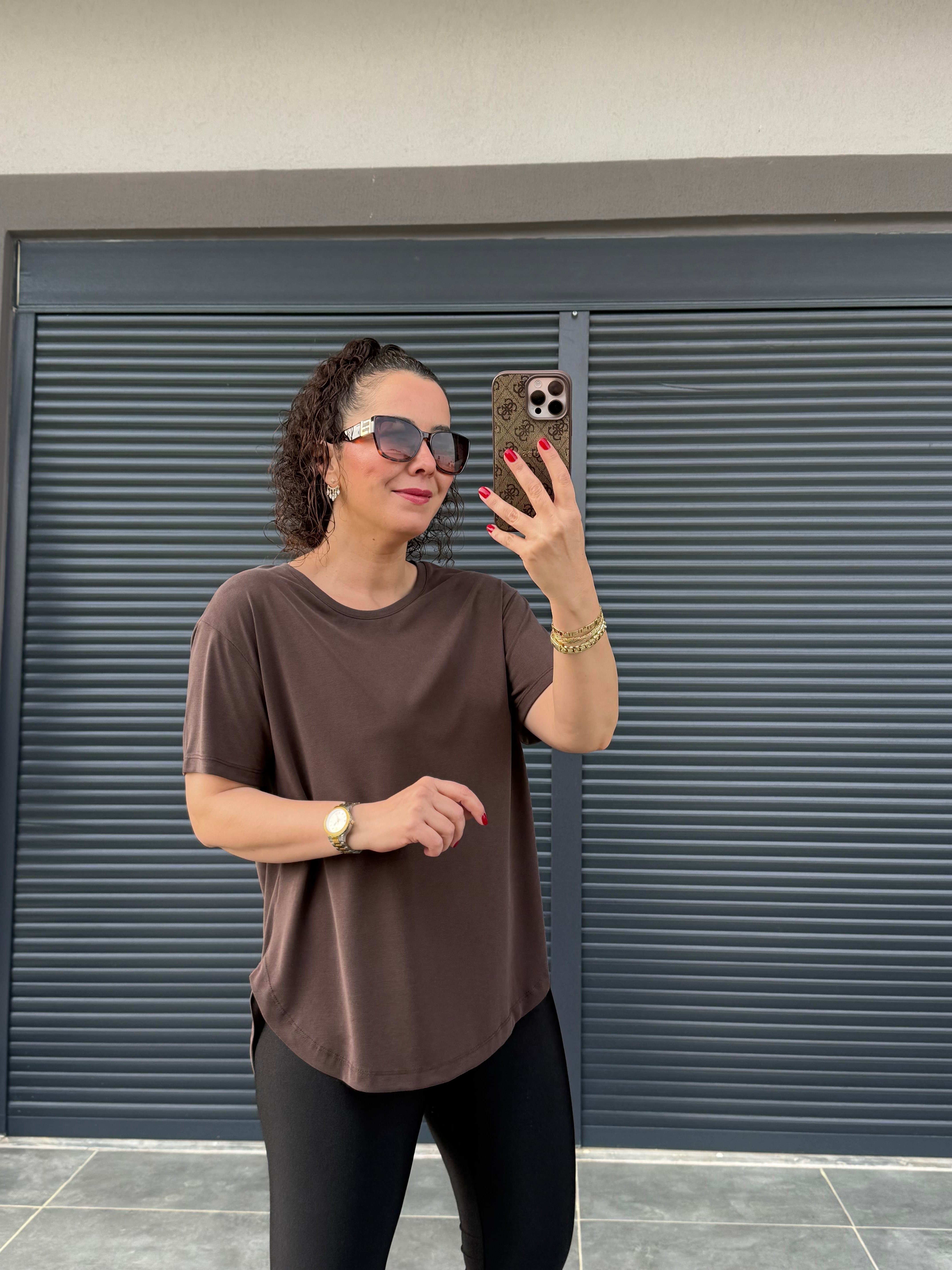 İthal Modal Sırt Pile Detaylı Basic  T-Shirt Kahverengi
