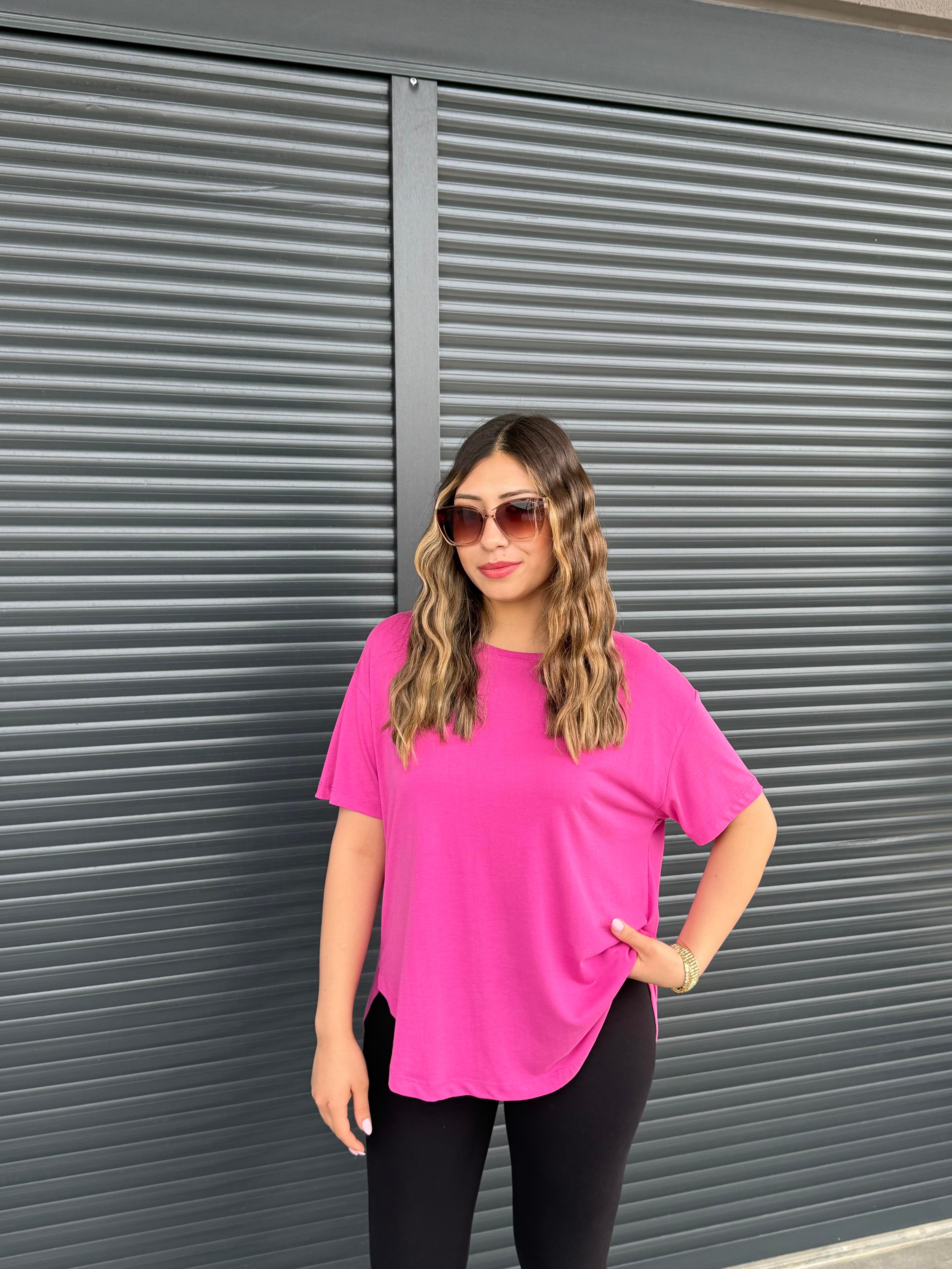 İthal Modal Sırt Pile Detaylı Basic  T-Shirt Fuşya