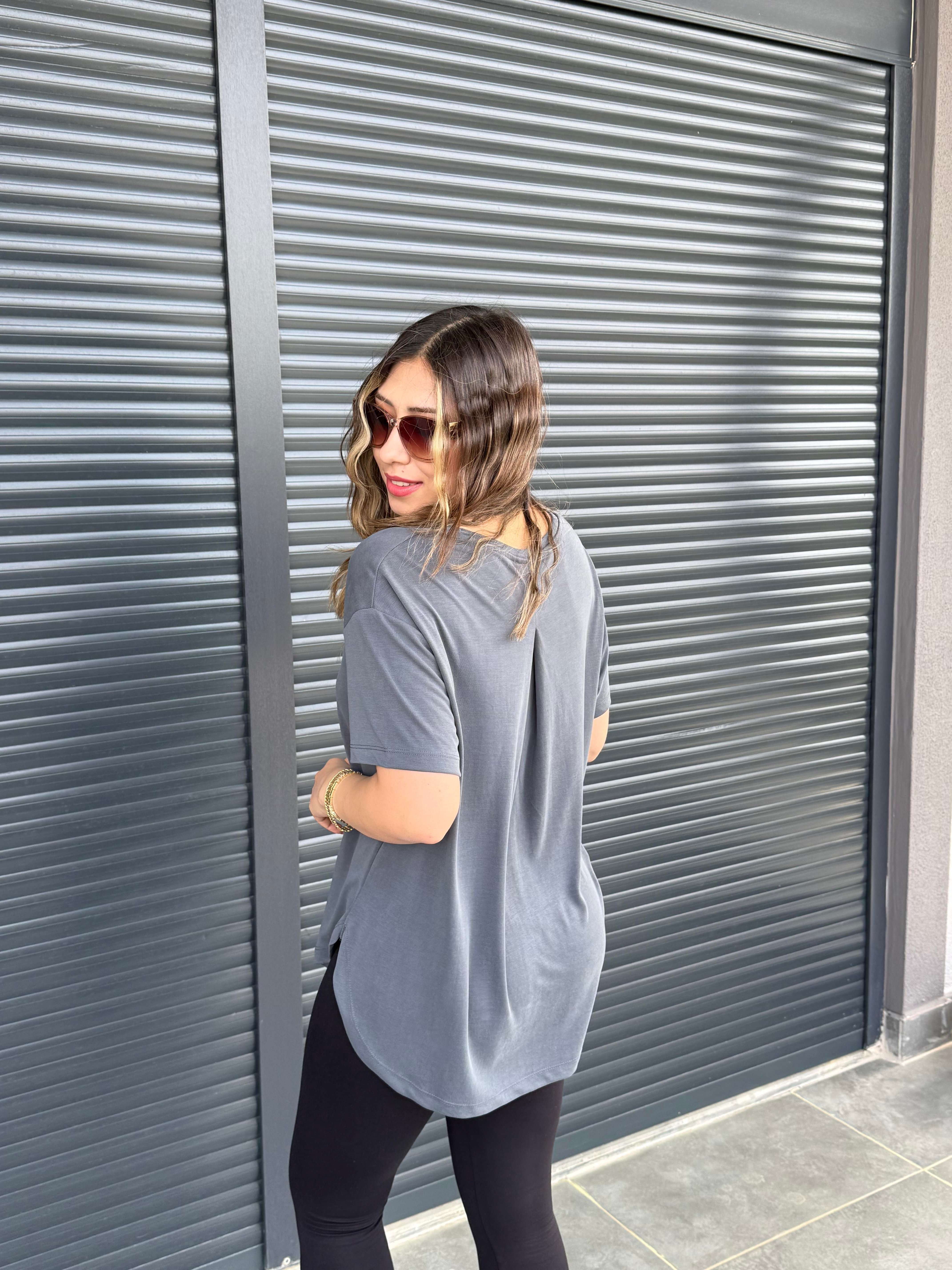 İthal Modal Sırt Pile Detaylı Basic  T-Shirt Antrasit