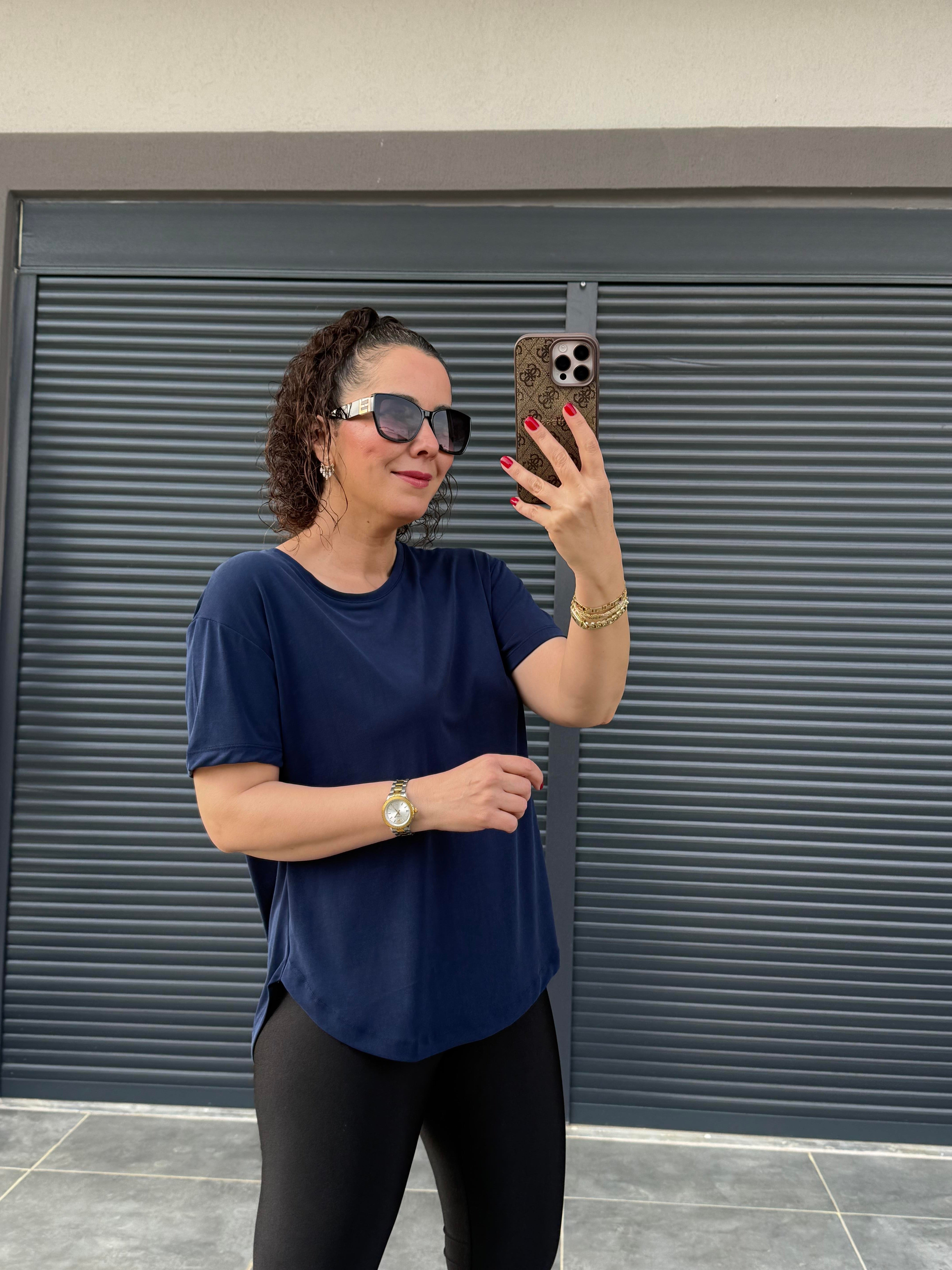 İthal Modal Sırt Pile Detaylı Basic  T-Shirt Lacivert