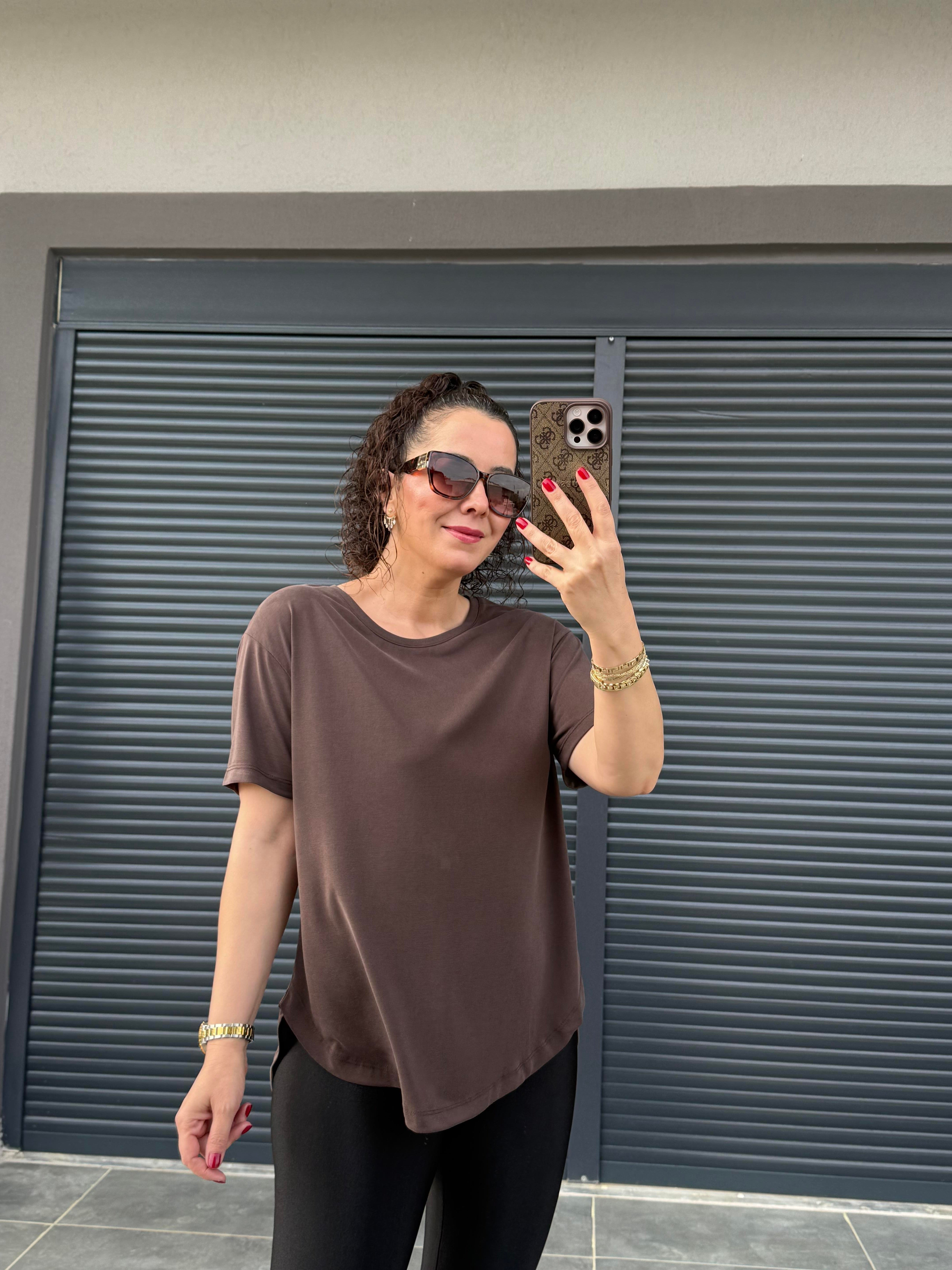 İthal Modal Sırt Pile Detaylı Basic  T-Shirt Kahverengi