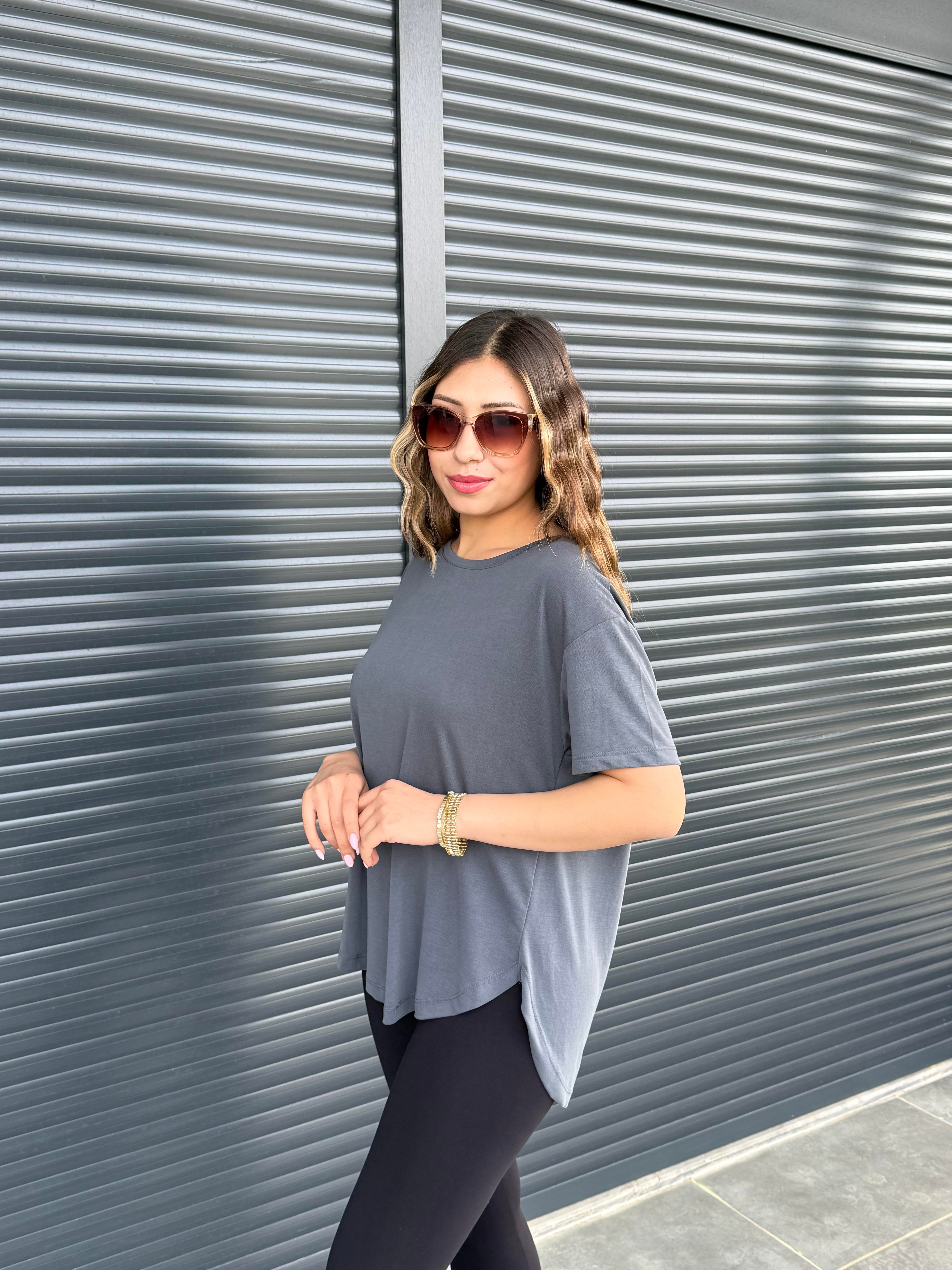 İthal Modal Sırt Pile Detaylı Basic  T-Shirt Antrasit