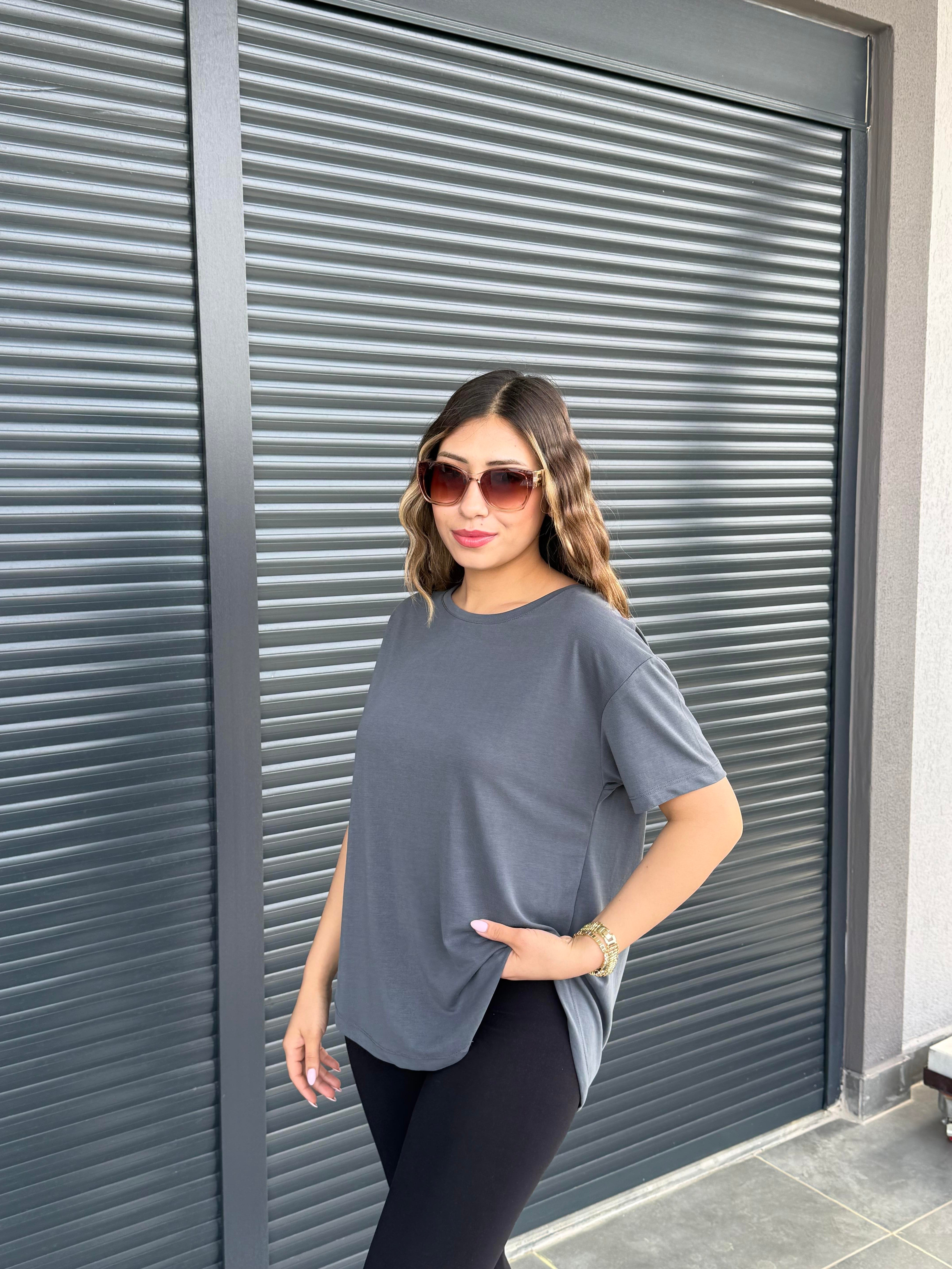 İthal Modal Sırt Pile Detaylı Basic  T-Shirt Antrasit