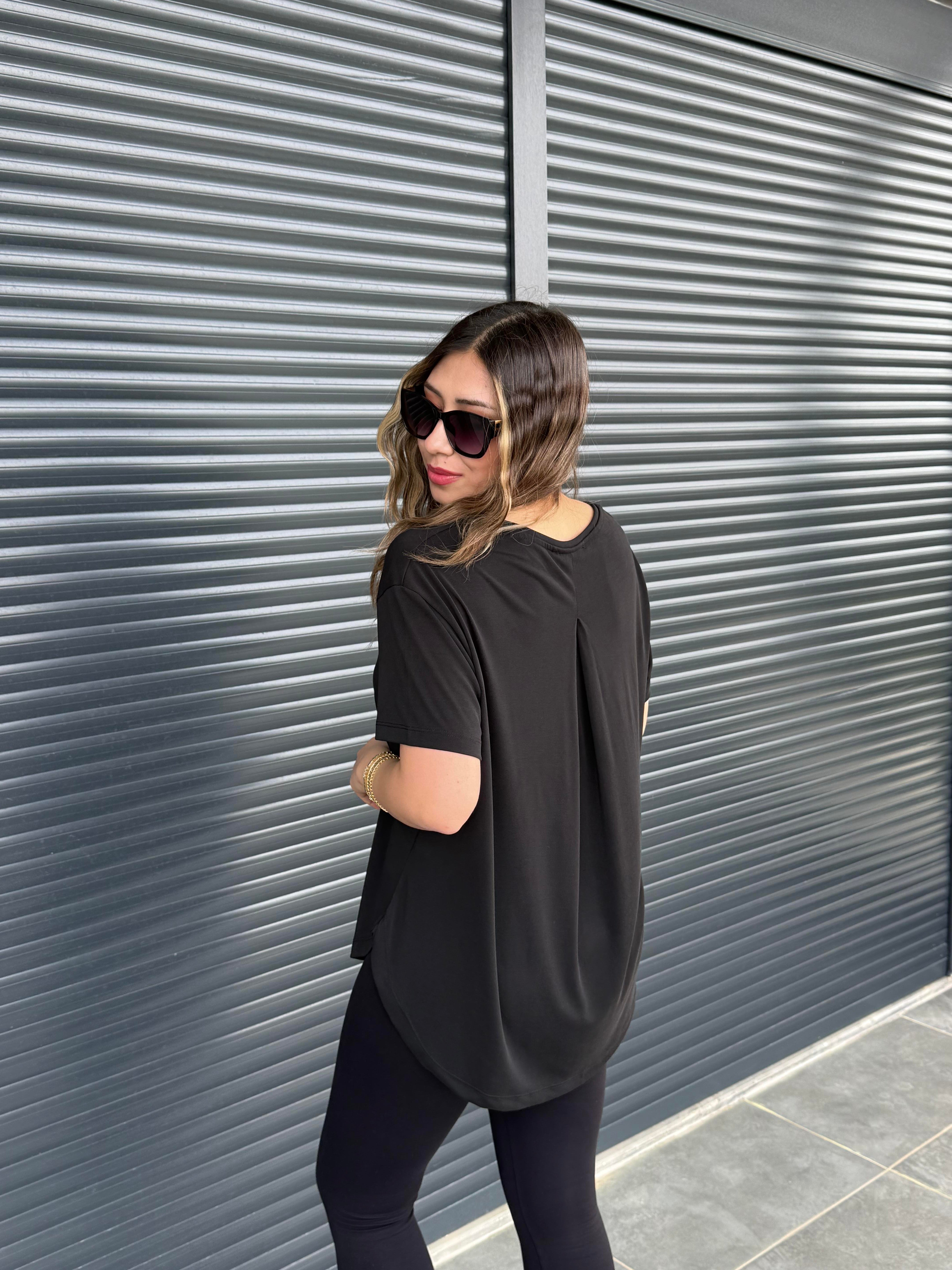 İthal Modal Sırt Pile Detaylı Basic  T-Shirt Siyah