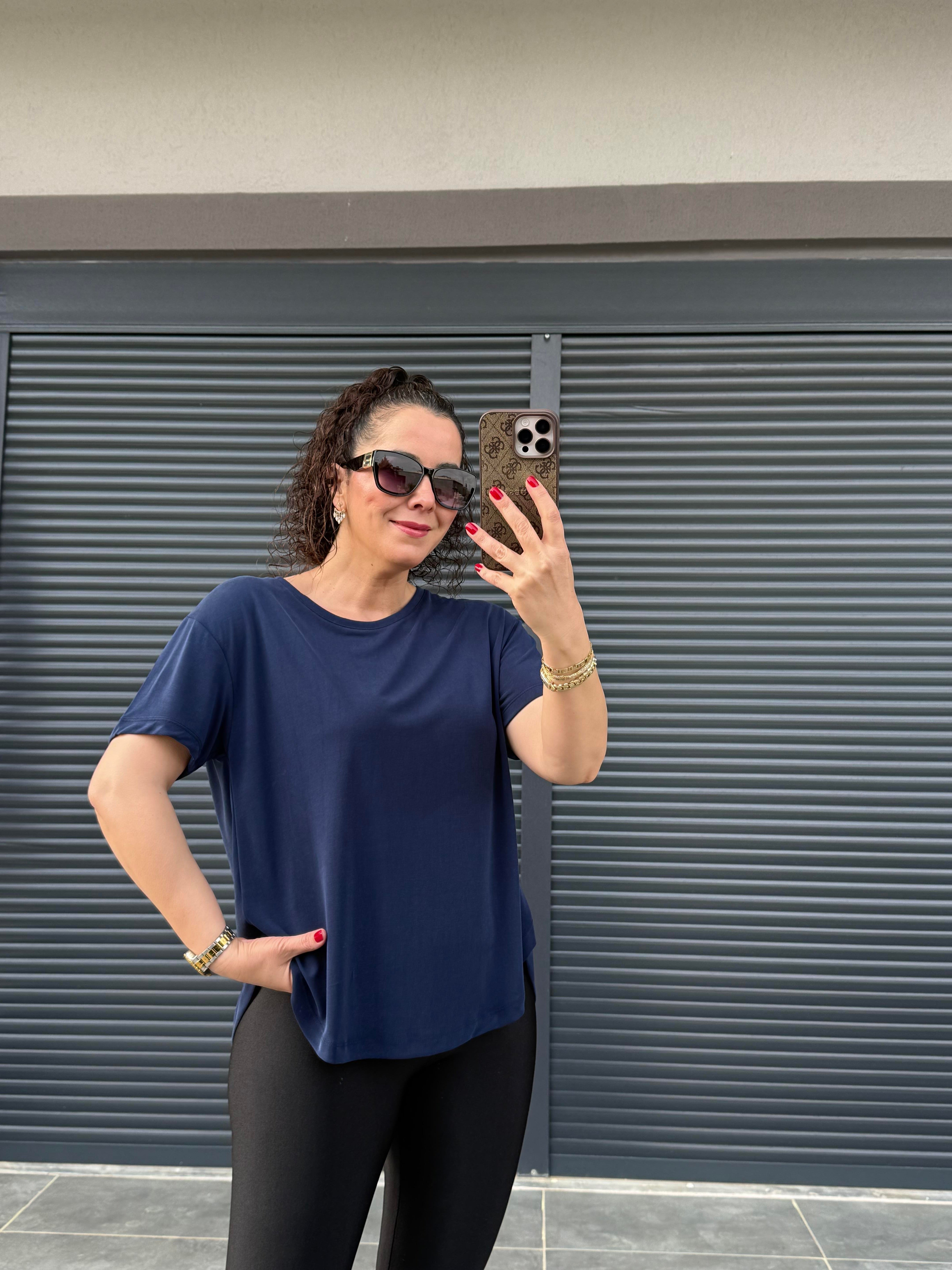 İthal Modal Sırt Pile Detaylı Basic  T-Shirt Lacivert
