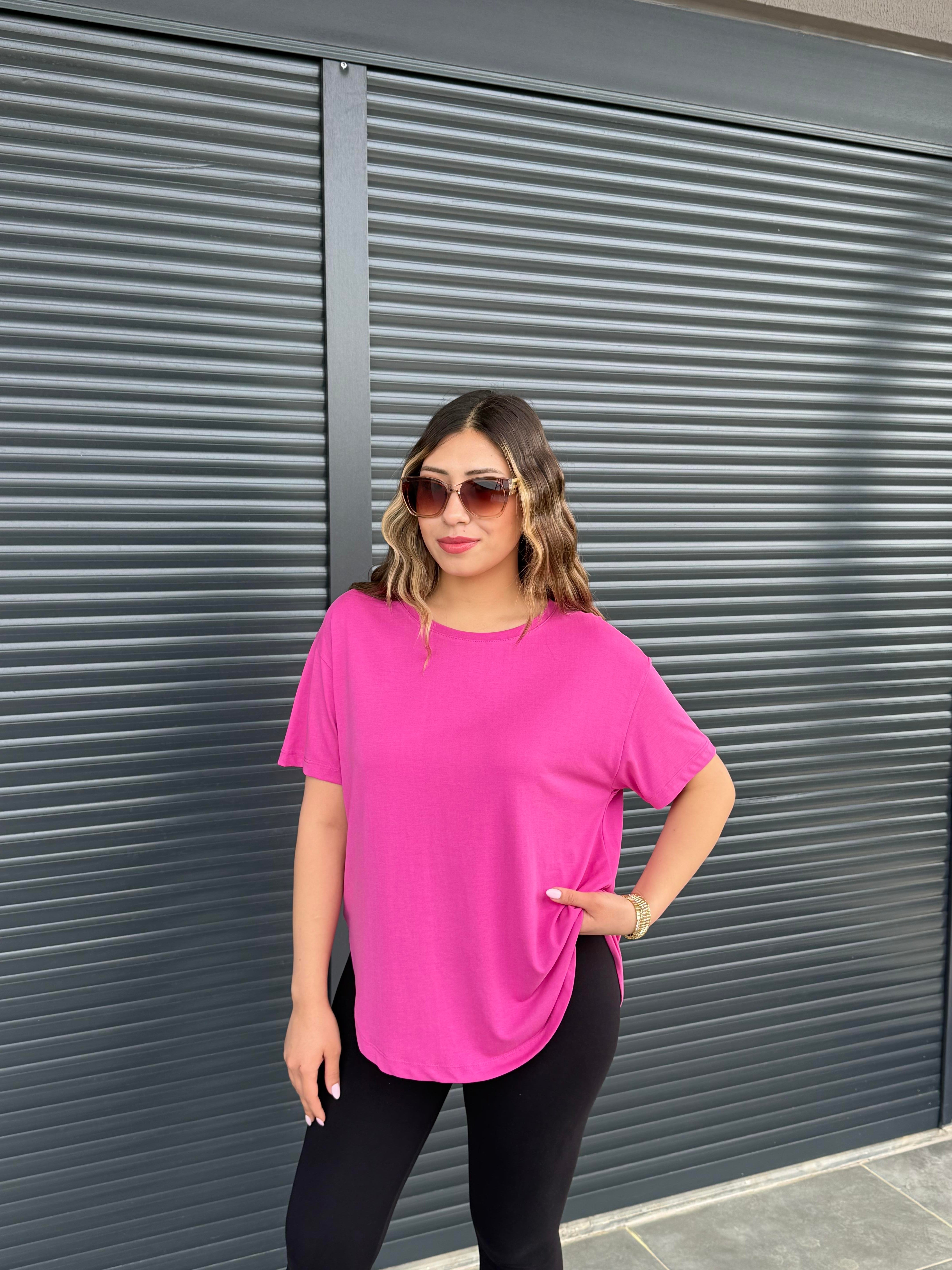 İthal Modal Sırt Pile Detaylı Basic  T-Shirt Fuşya