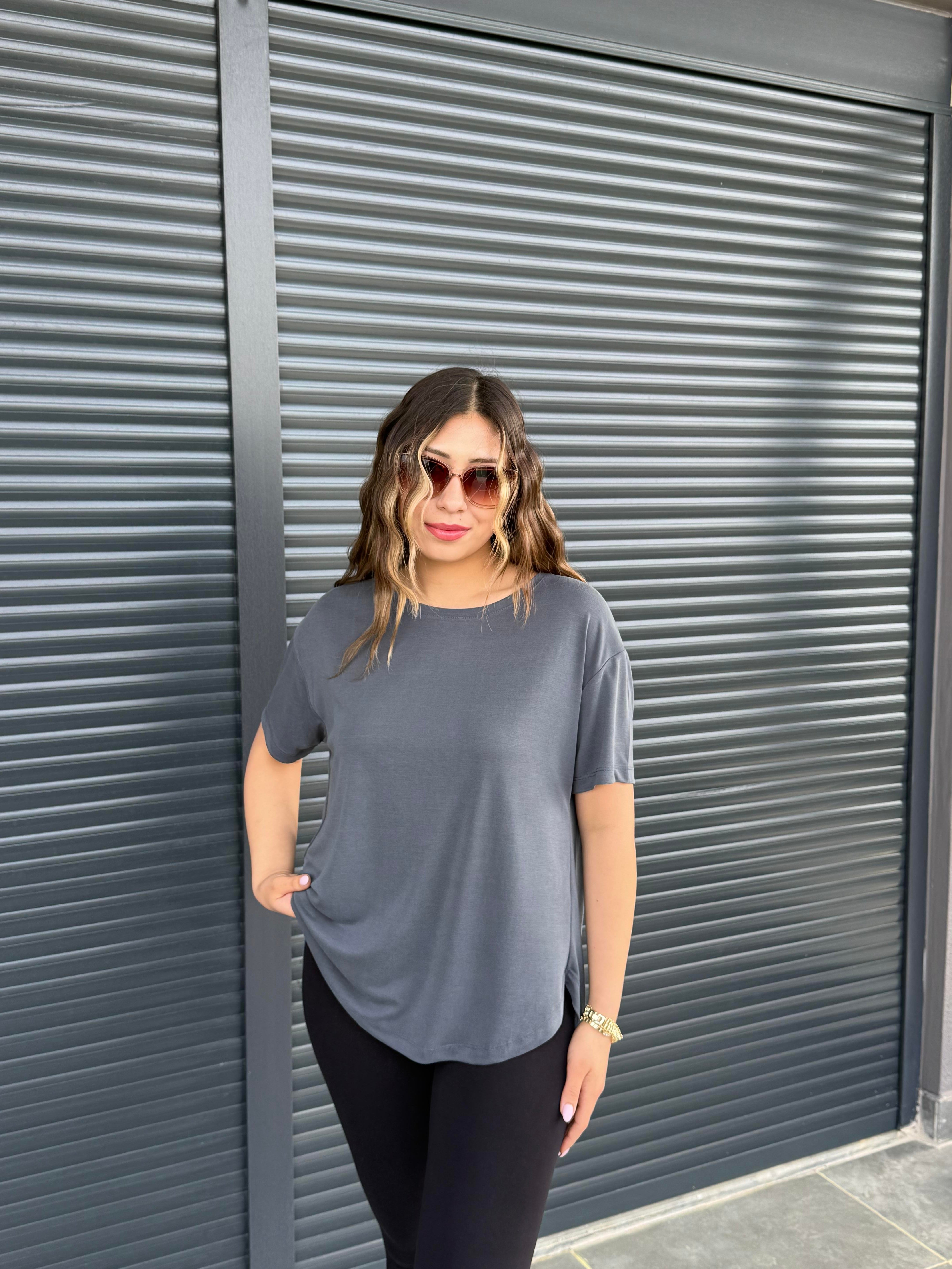 İthal Modal Sırt Pile Detaylı Basic  T-Shirt Antrasit