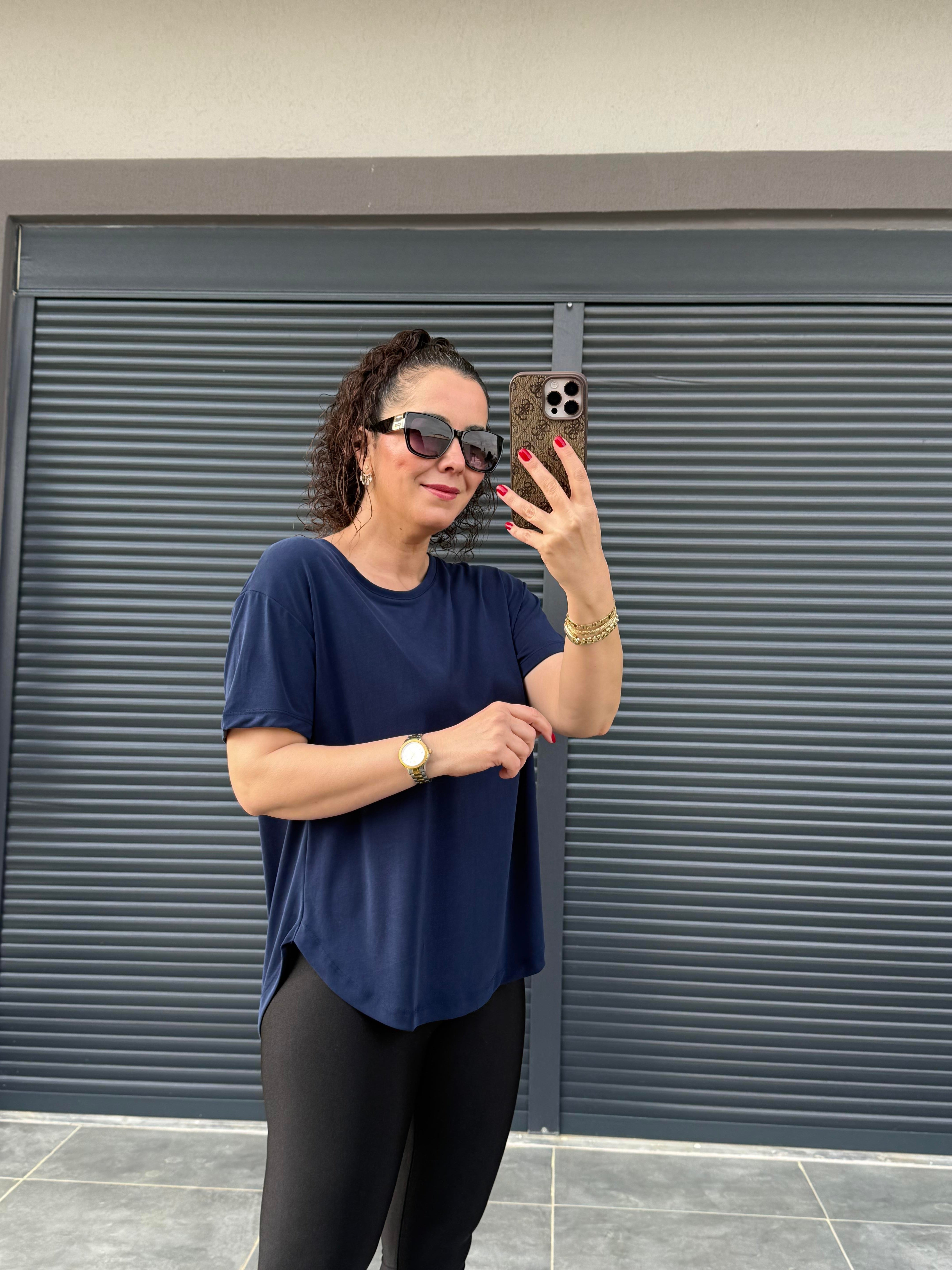 İthal Modal Sırt Pile Detaylı Basic  T-Shirt Lacivert
